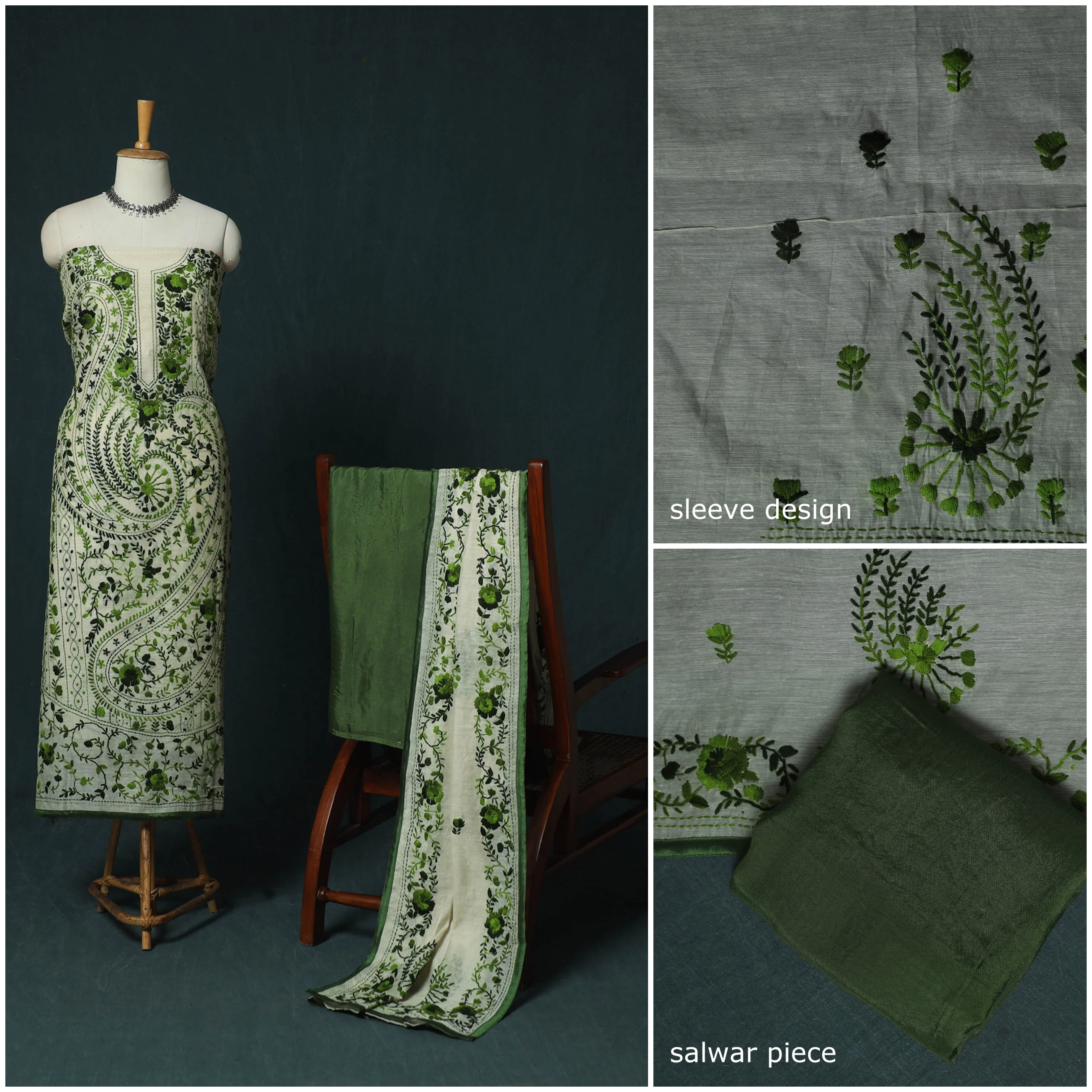 Hand Embroidered Chanderi Silk 3pc Unstitched Dress Material 40 - Image 3