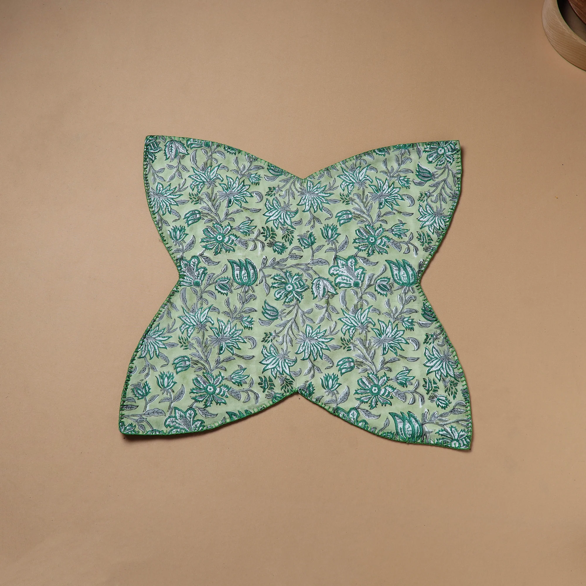 Green - Hand Embroidered Floral Block Print Cotton Roti Napkin 01
