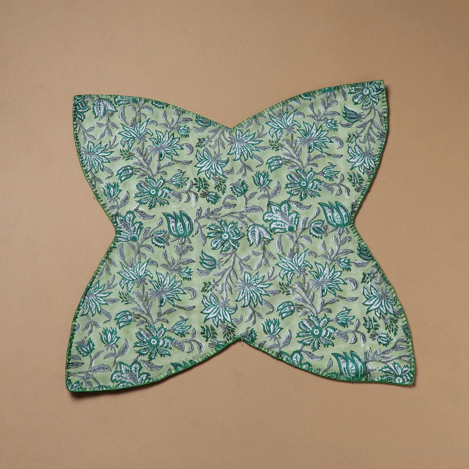 Green - Hand Embroidered Floral Block Print Cotton Roti Napkin 01 - Image 2