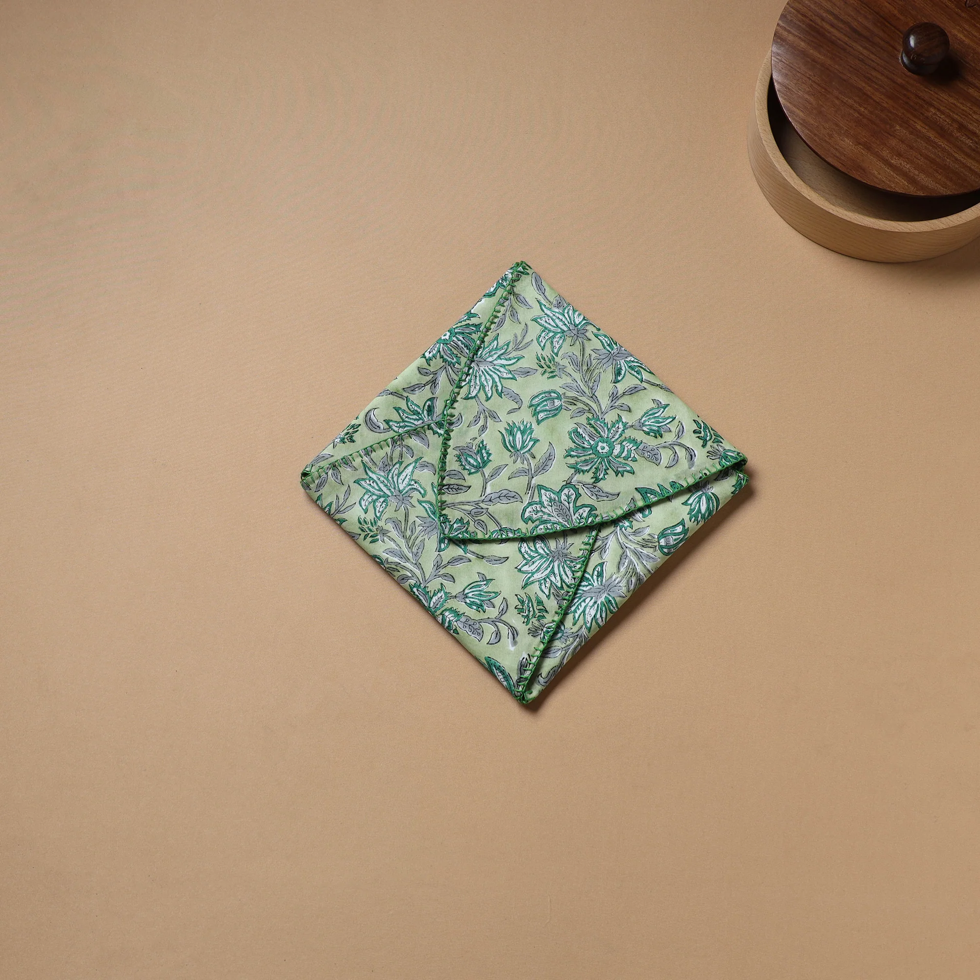 Green - Hand Embroidered Floral Block Print Cotton Roti Napkin 01 - Image 3