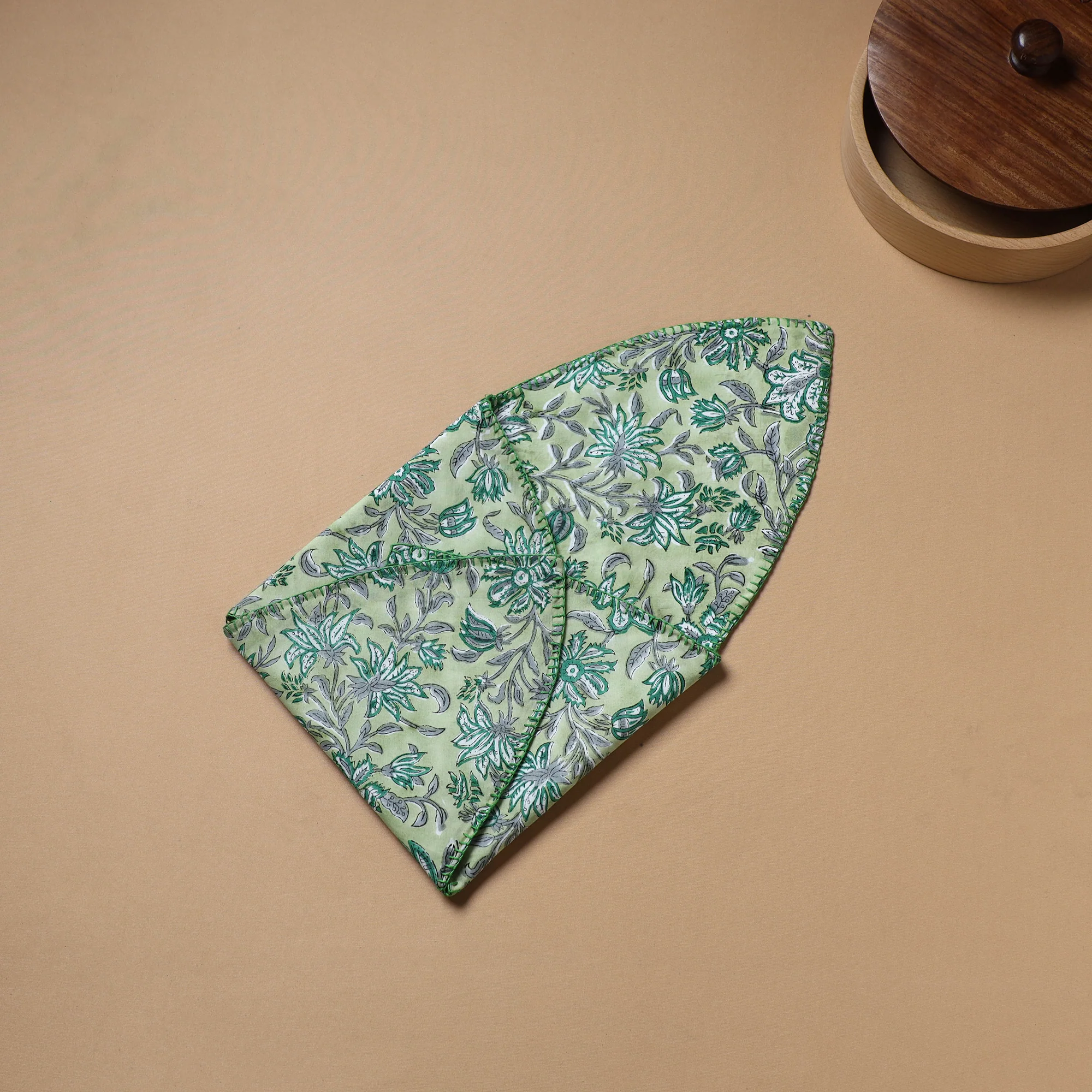 Green - Hand Embroidered Floral Block Print Cotton Roti Napkin 01 - Image 4