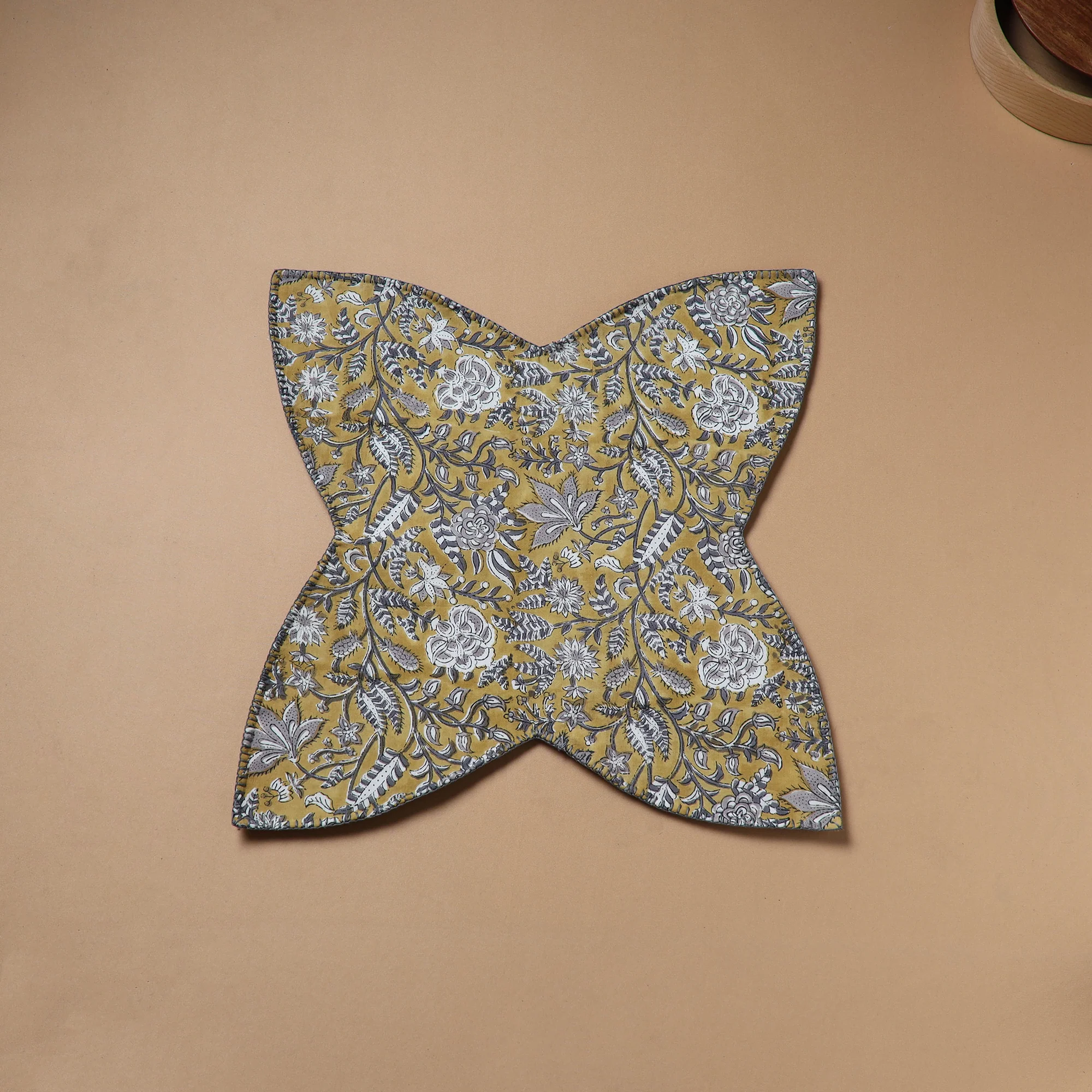 Yellow - Hand Embroidered Floral Block Print Cotton Roti Napkin 02