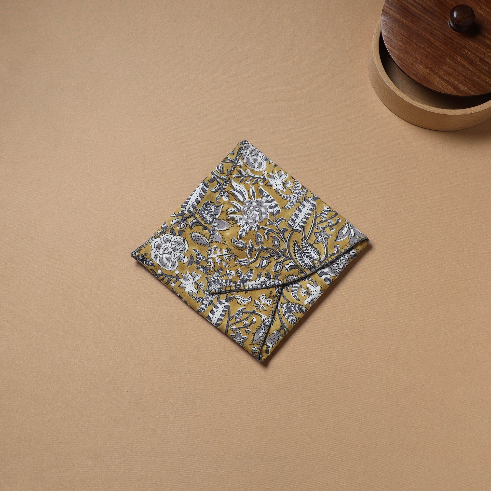 Yellow - Hand Embroidered Floral Block Print Cotton Roti Napkin 02 - Image 3