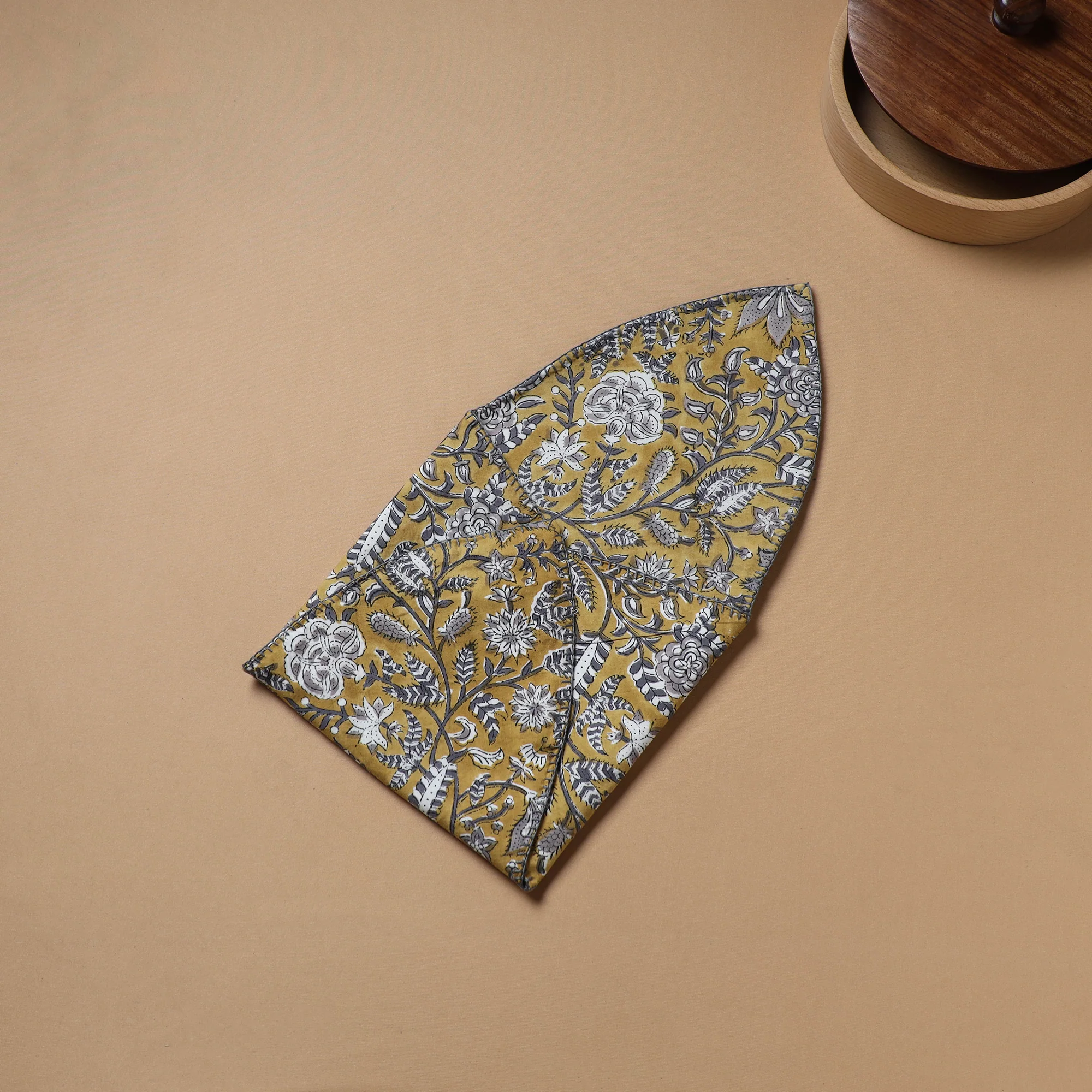 Yellow - Hand Embroidered Floral Block Print Cotton Roti Napkin 02 - Image 4