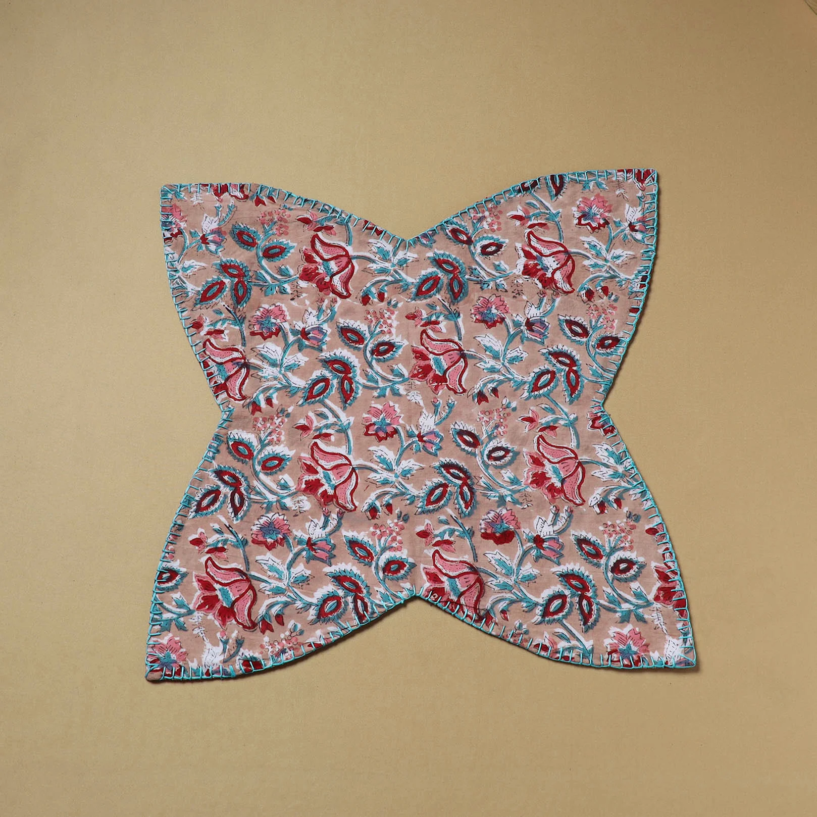 Pink - Hand Embroidered Floral Block Print Cotton Roti Napkin 03 - Image 2