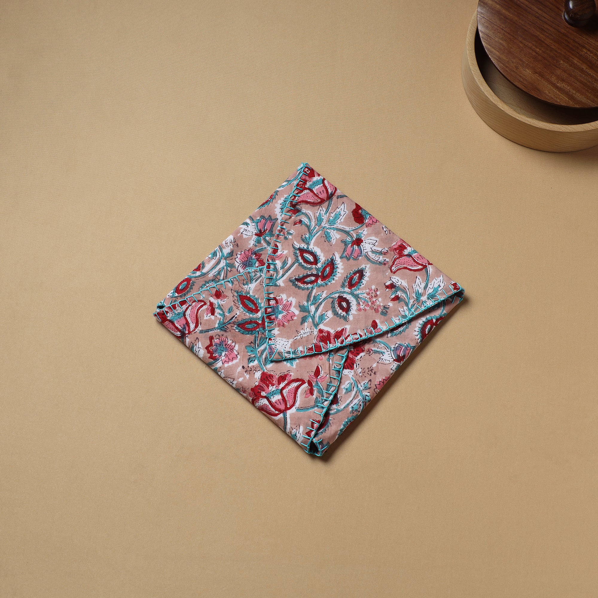 Pink - Hand Embroidered Floral Block Print Cotton Roti Napkin 03 - Image 3