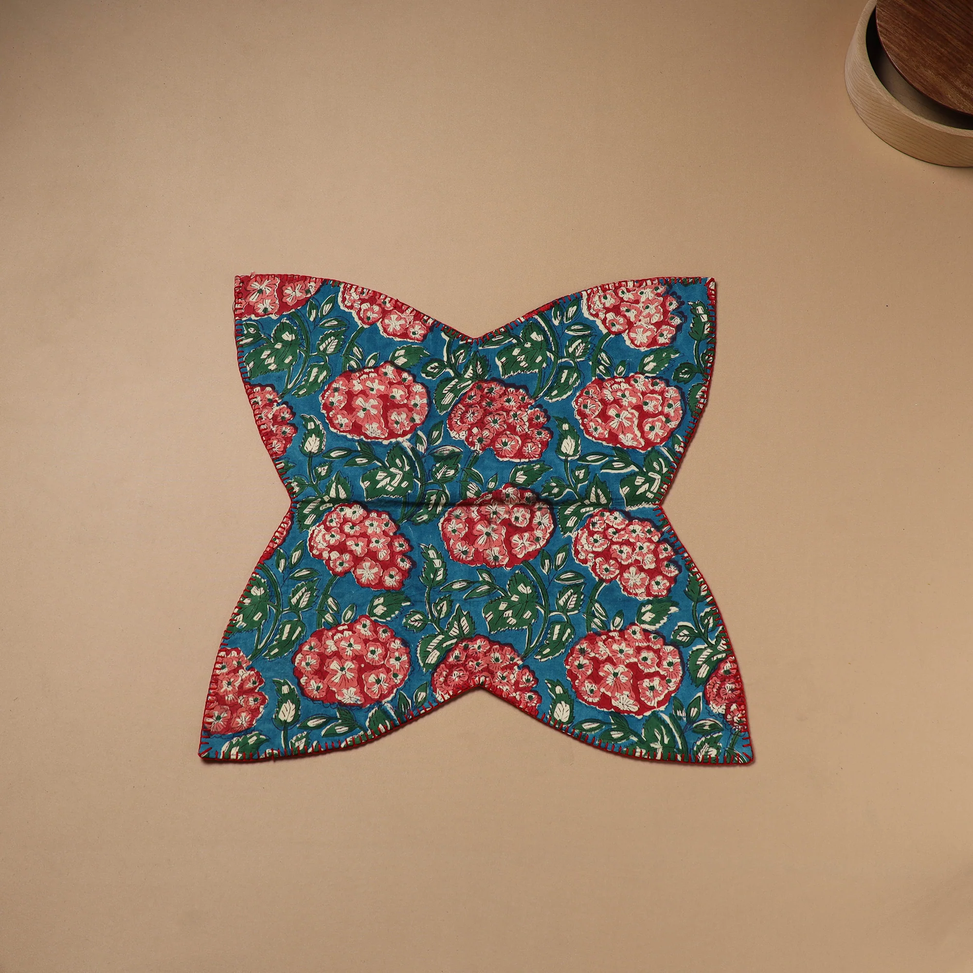 Blue - Hand Embroidered Floral Block Print Cotton Roti Napkin 04