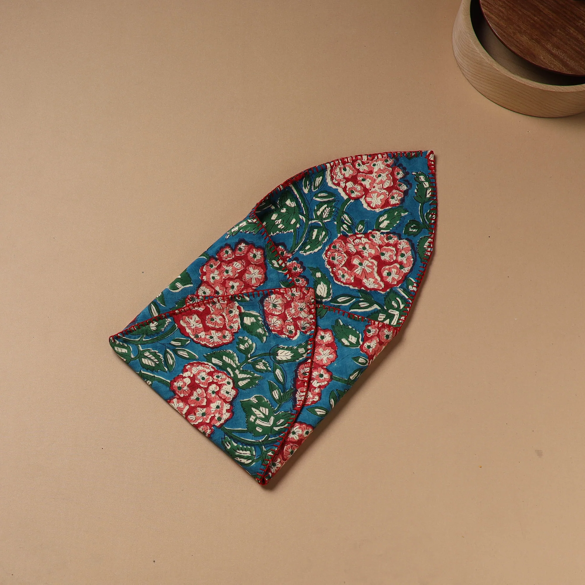 Blue - Hand Embroidered Floral Block Print Cotton Roti Napkin 04 - Image 3