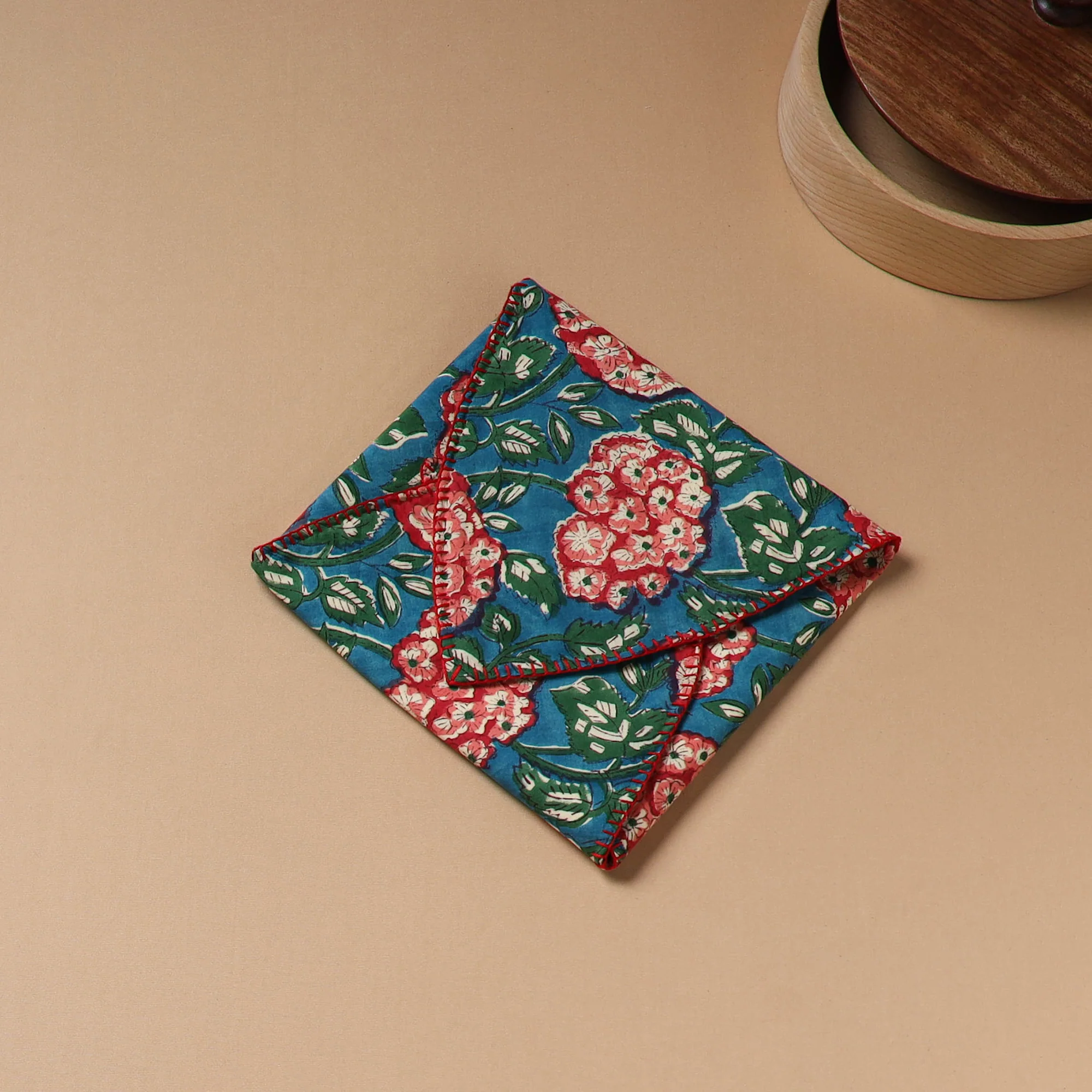 Blue - Hand Embroidered Floral Block Print Cotton Roti Napkin 04 - Image 4