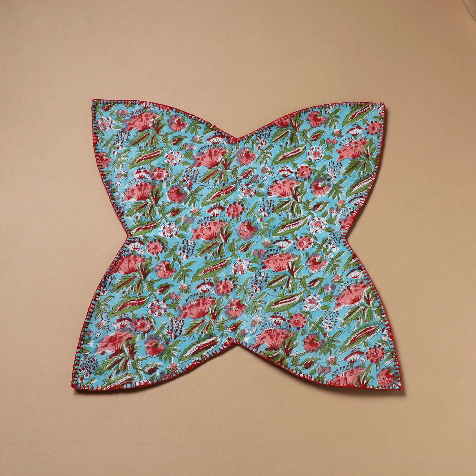 Blue - Hand Embroidered Floral Block Print Cotton Roti Napkin 05 - Image 2