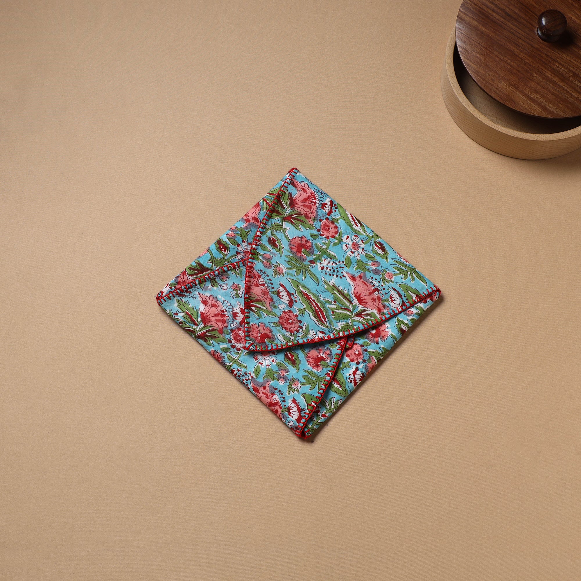 Blue - Hand Embroidered Floral Block Print Cotton Roti Napkin 05 - Image 3