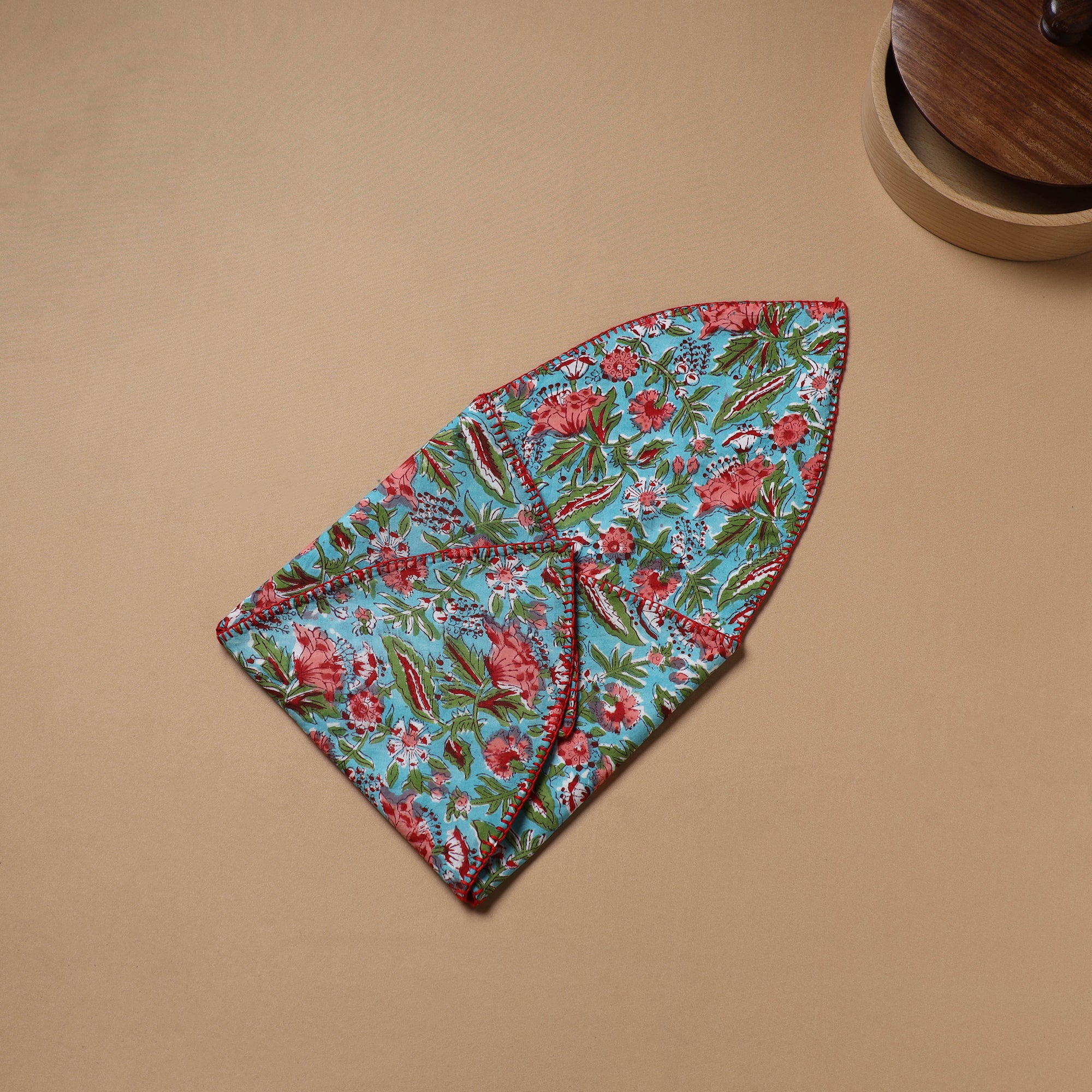Blue - Hand Embroidered Floral Block Print Cotton Roti Napkin 05 - Image 4