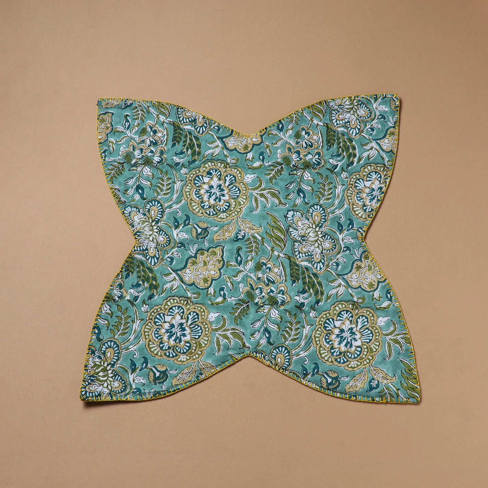 Blue - Hand Embroidered Floral Block Print Cotton Roti Napkin 06 - Image 2