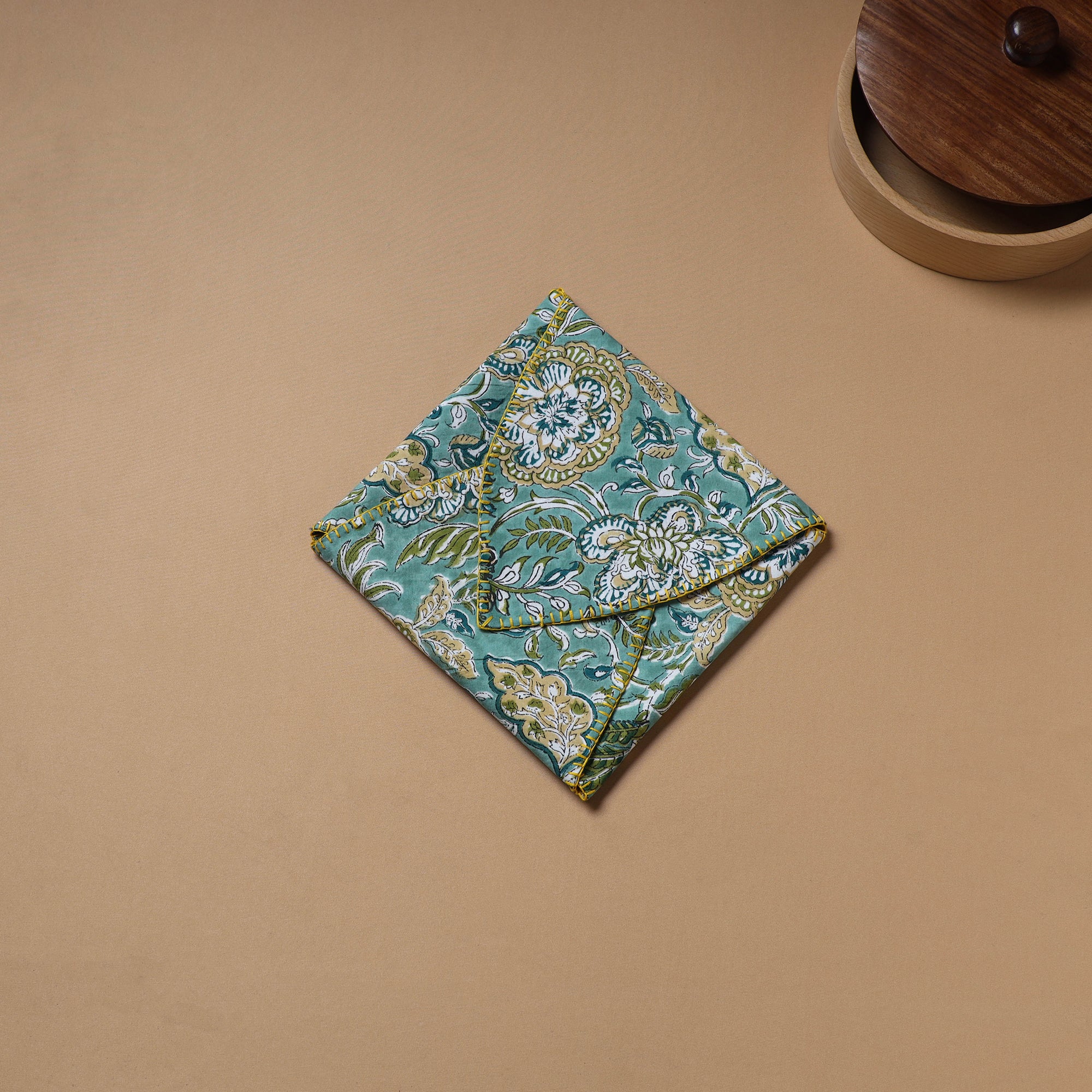 Blue - Hand Embroidered Floral Block Print Cotton Roti Napkin 06 - Image 3
