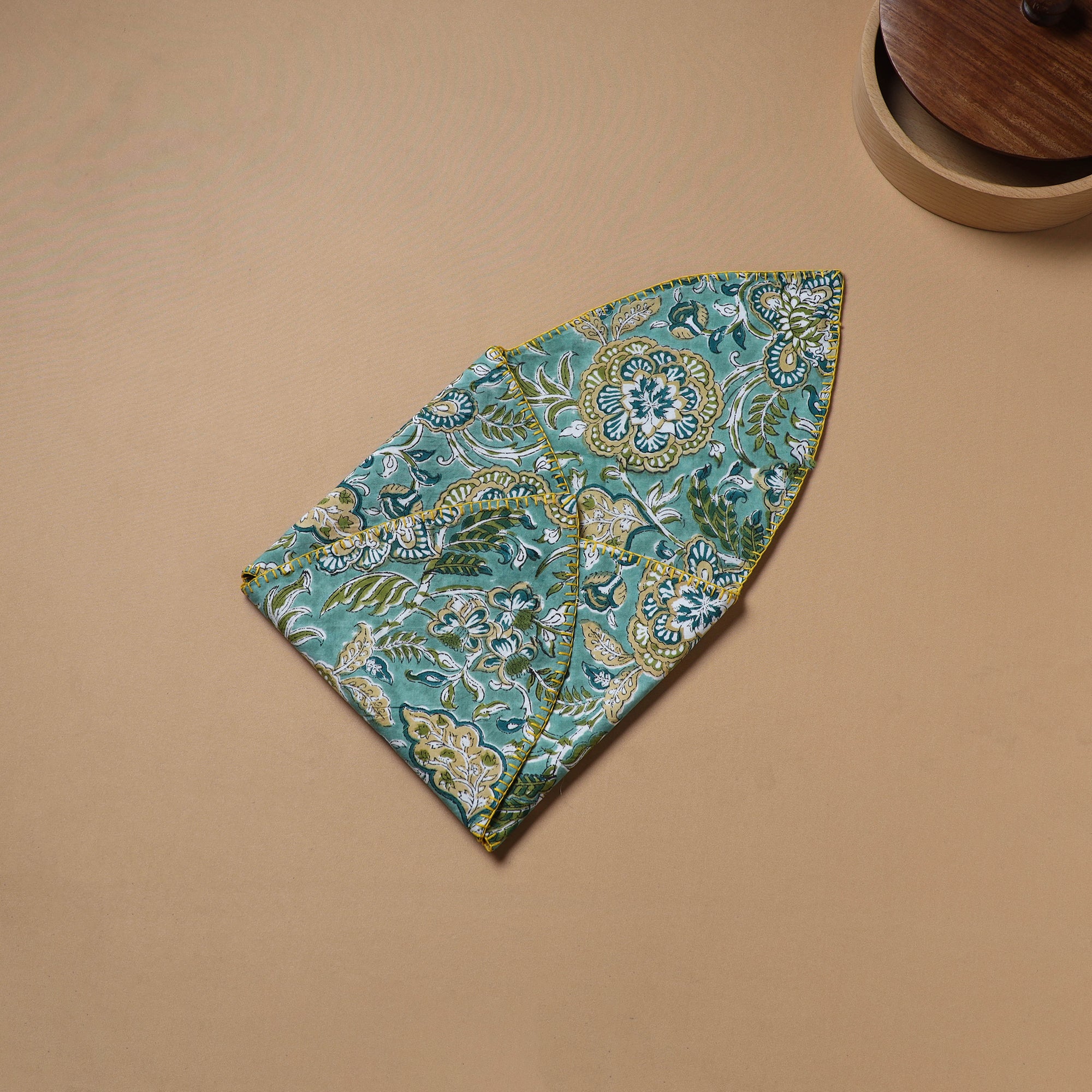 Blue - Hand Embroidered Floral Block Print Cotton Roti Napkin 06 - Image 4