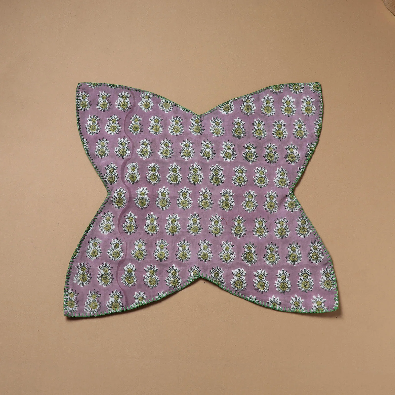 Purple - Hand Embroidered Floral Block Print Cotton Roti Napkin 07 - Image 2