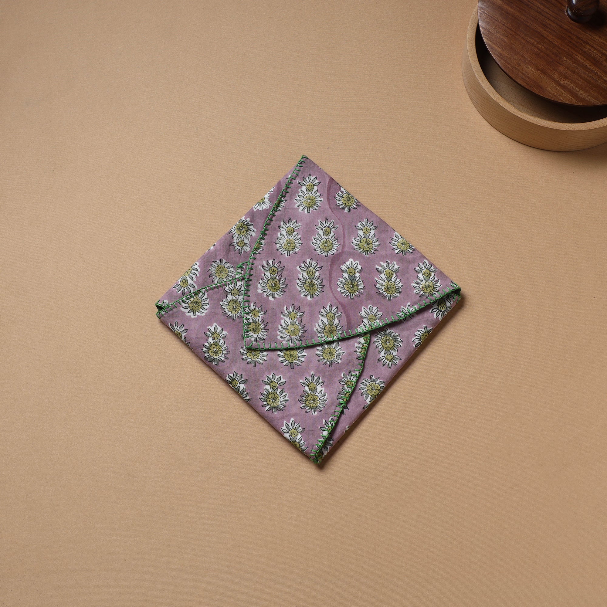 Purple - Hand Embroidered Floral Block Print Cotton Roti Napkin 07 - Image 3