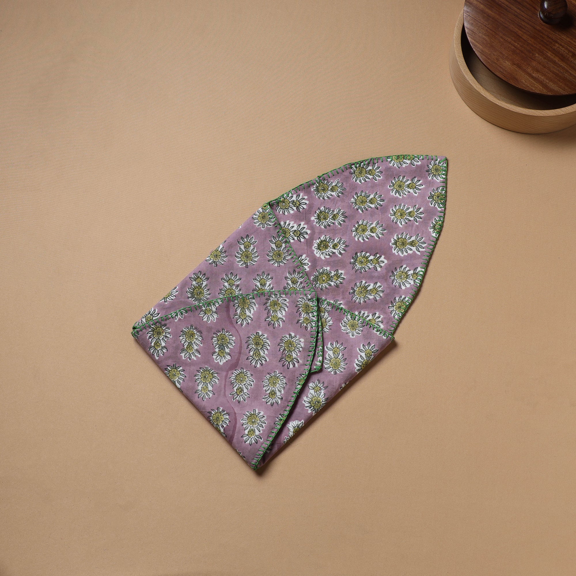 Purple - Hand Embroidered Floral Block Print Cotton Roti Napkin 07 - Image 4