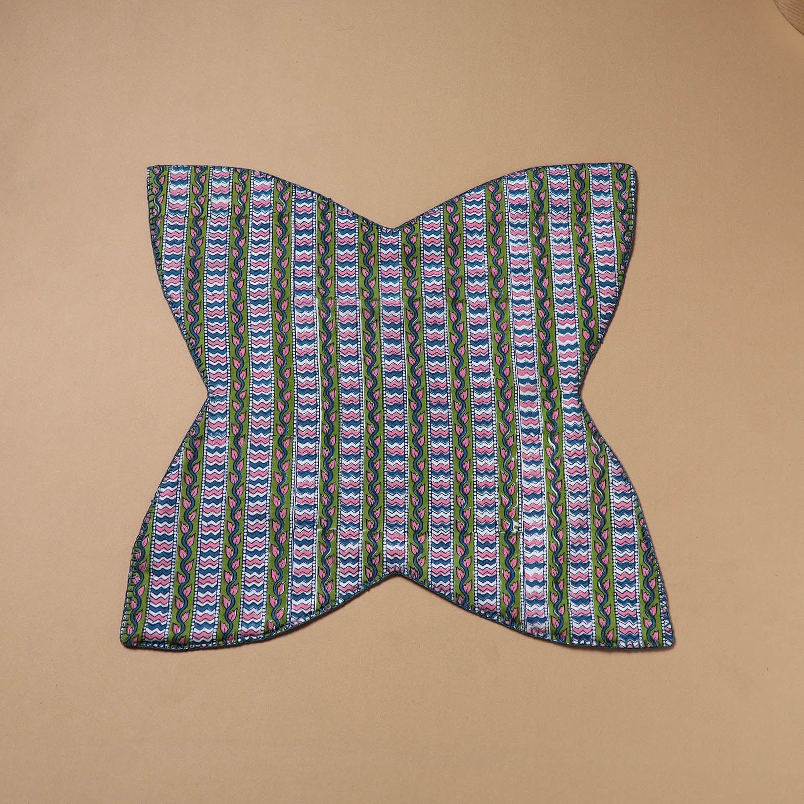 Green - Hand Embroidered Floral Block Print Cotton Roti Napkin 08 - Image 2