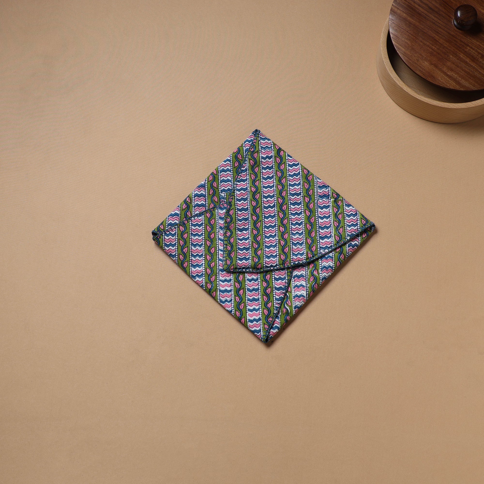 Green - Hand Embroidered Floral Block Print Cotton Roti Napkin 08 - Image 3