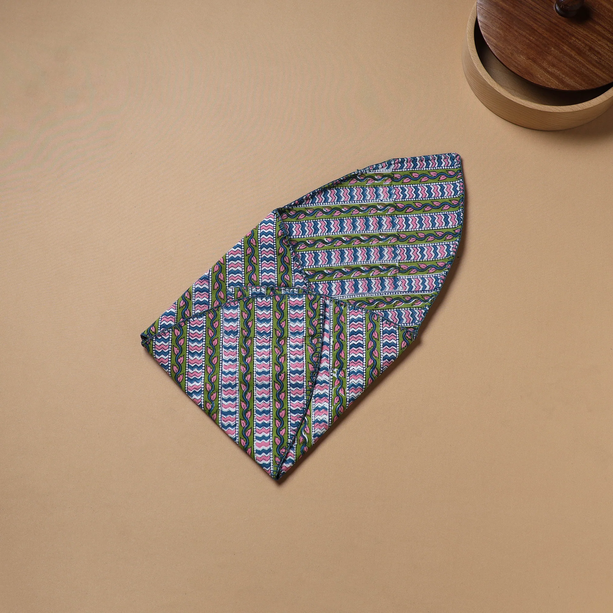 Green - Hand Embroidered Floral Block Print Cotton Roti Napkin 08 - Image 4