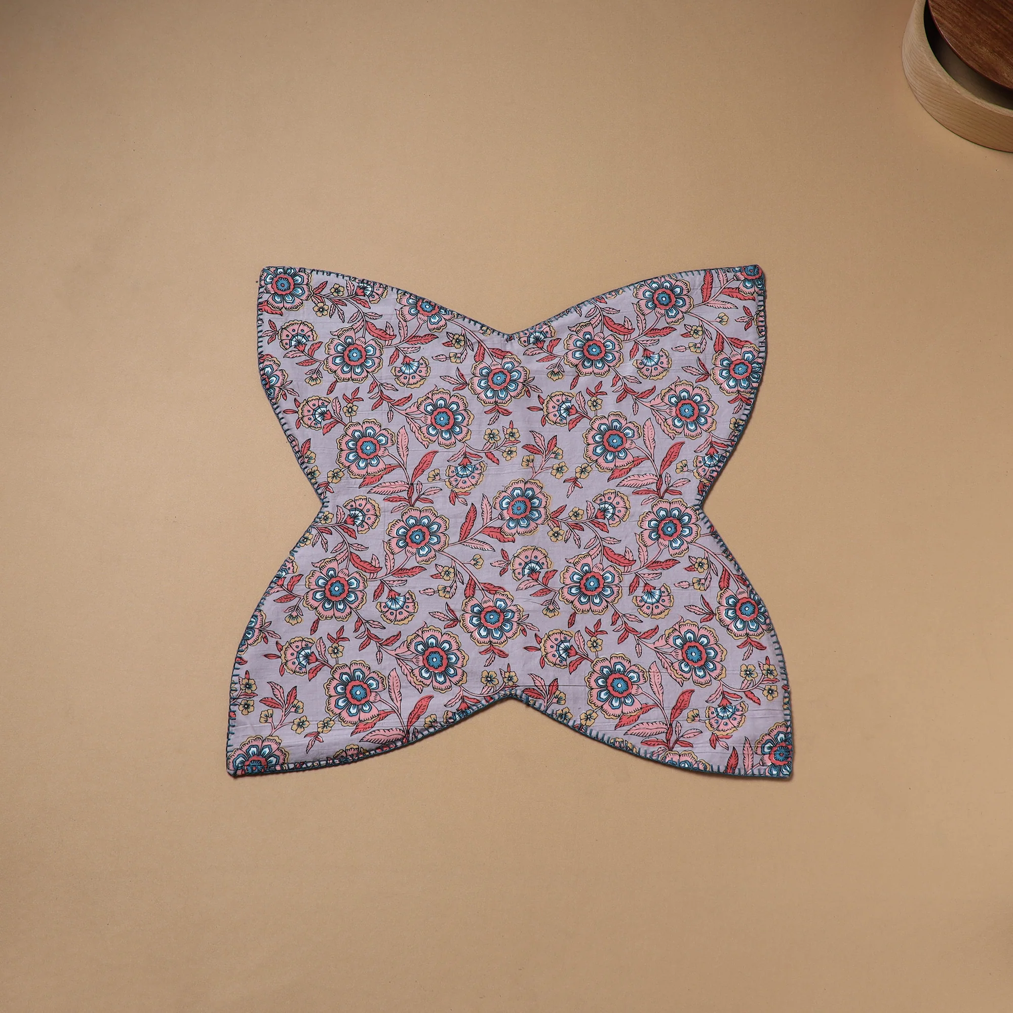 Purple - Hand Embroidered Floral Block Print Cotton Roti Napkin 09