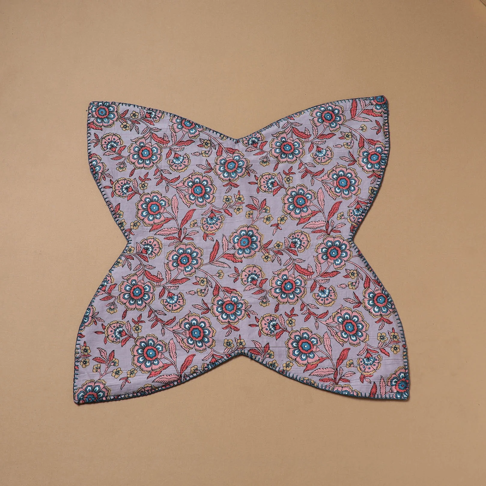 Purple - Hand Embroidered Floral Block Print Cotton Roti Napkin 09 - Image 2