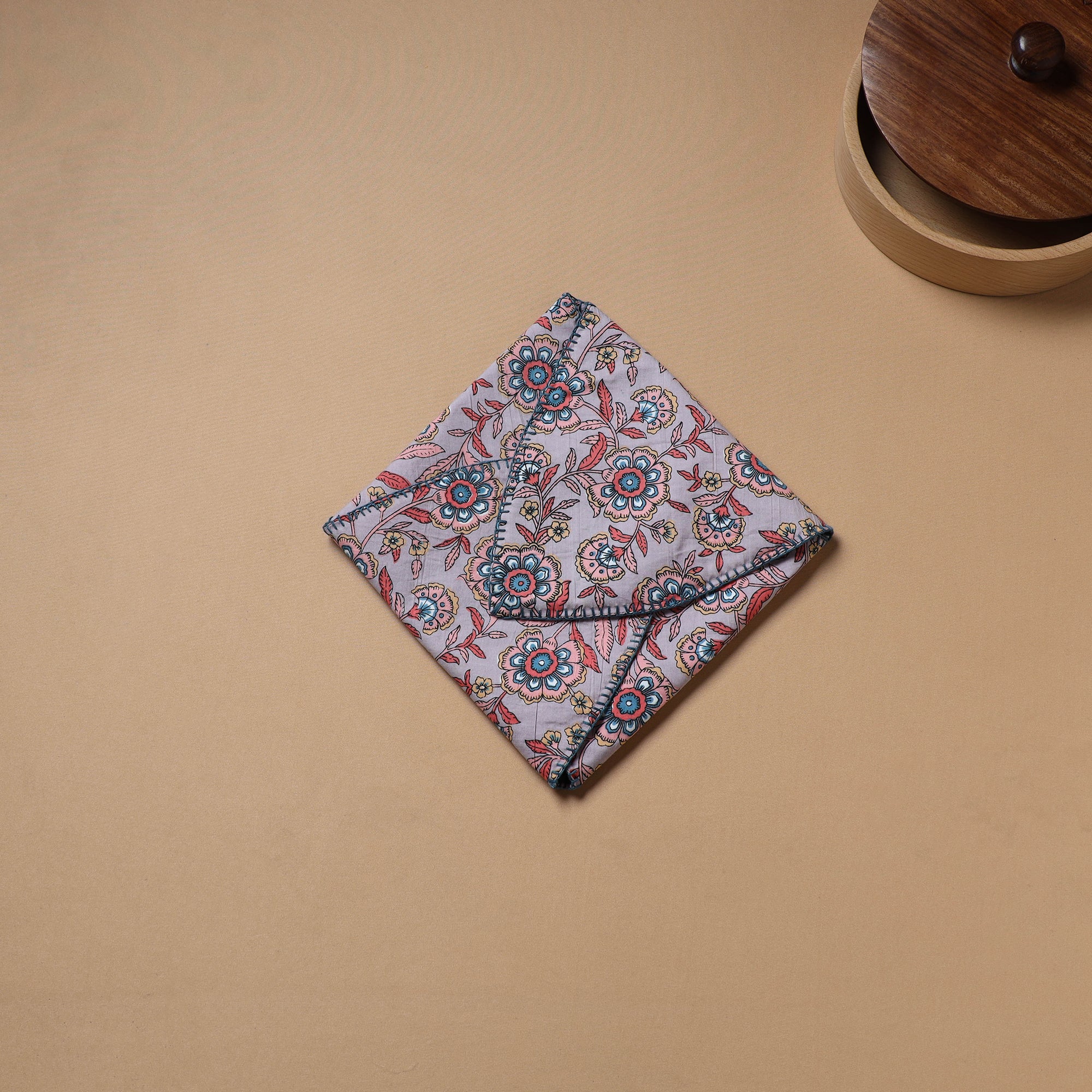 Purple - Hand Embroidered Floral Block Print Cotton Roti Napkin 09 - Image 3