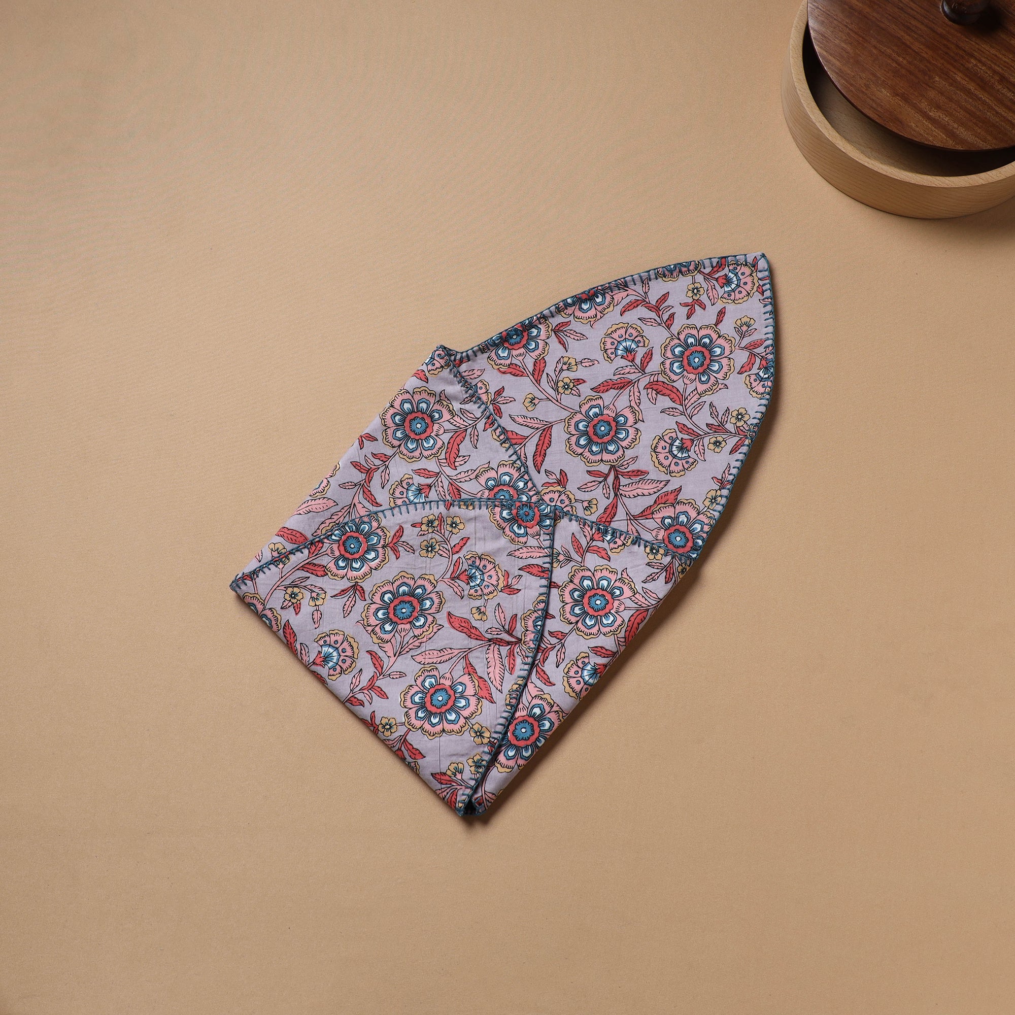 Purple - Hand Embroidered Floral Block Print Cotton Roti Napkin 09 - Image 4