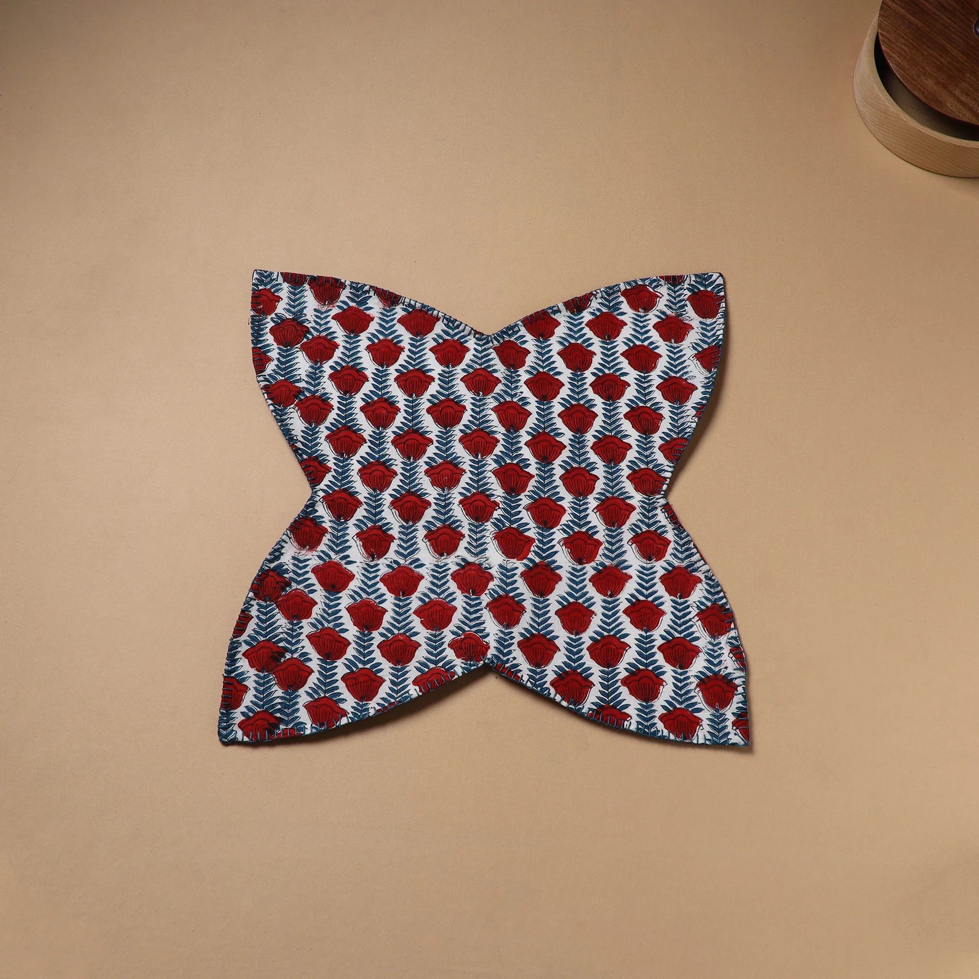 Red - Hand Embroidered Floral Block Print Cotton Roti Napkin 10