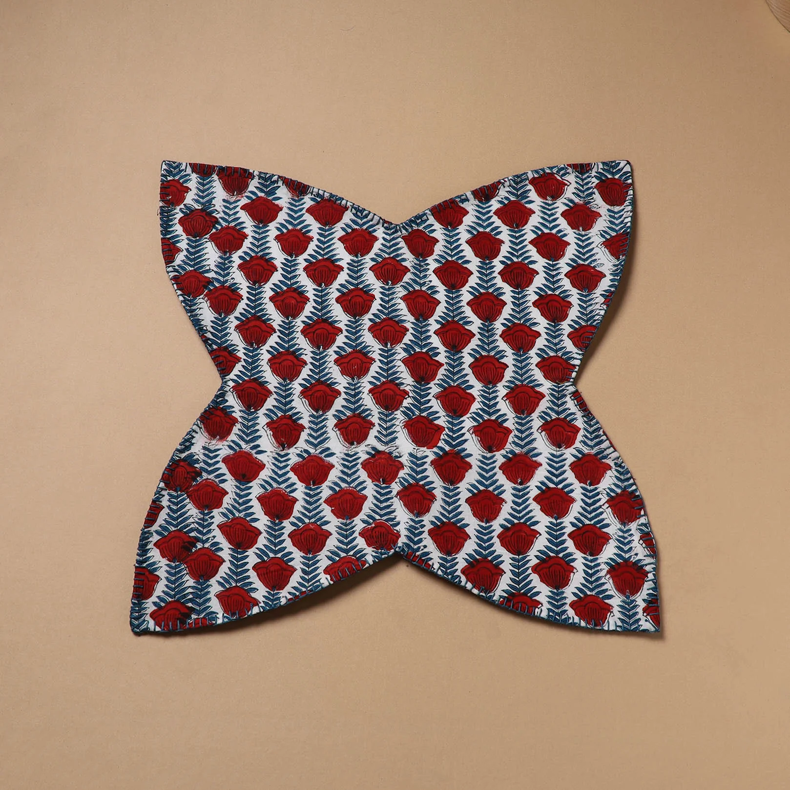 Red - Hand Embroidered Floral Block Print Cotton Roti Napkin 10 - Image 2