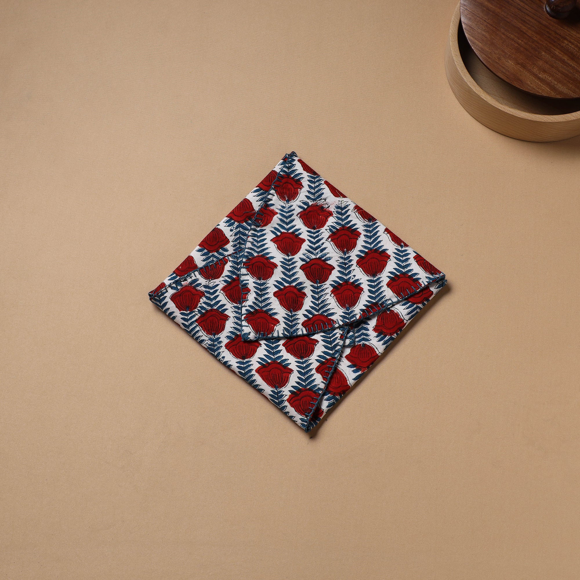 Red - Hand Embroidered Floral Block Print Cotton Roti Napkin 10 - Image 3