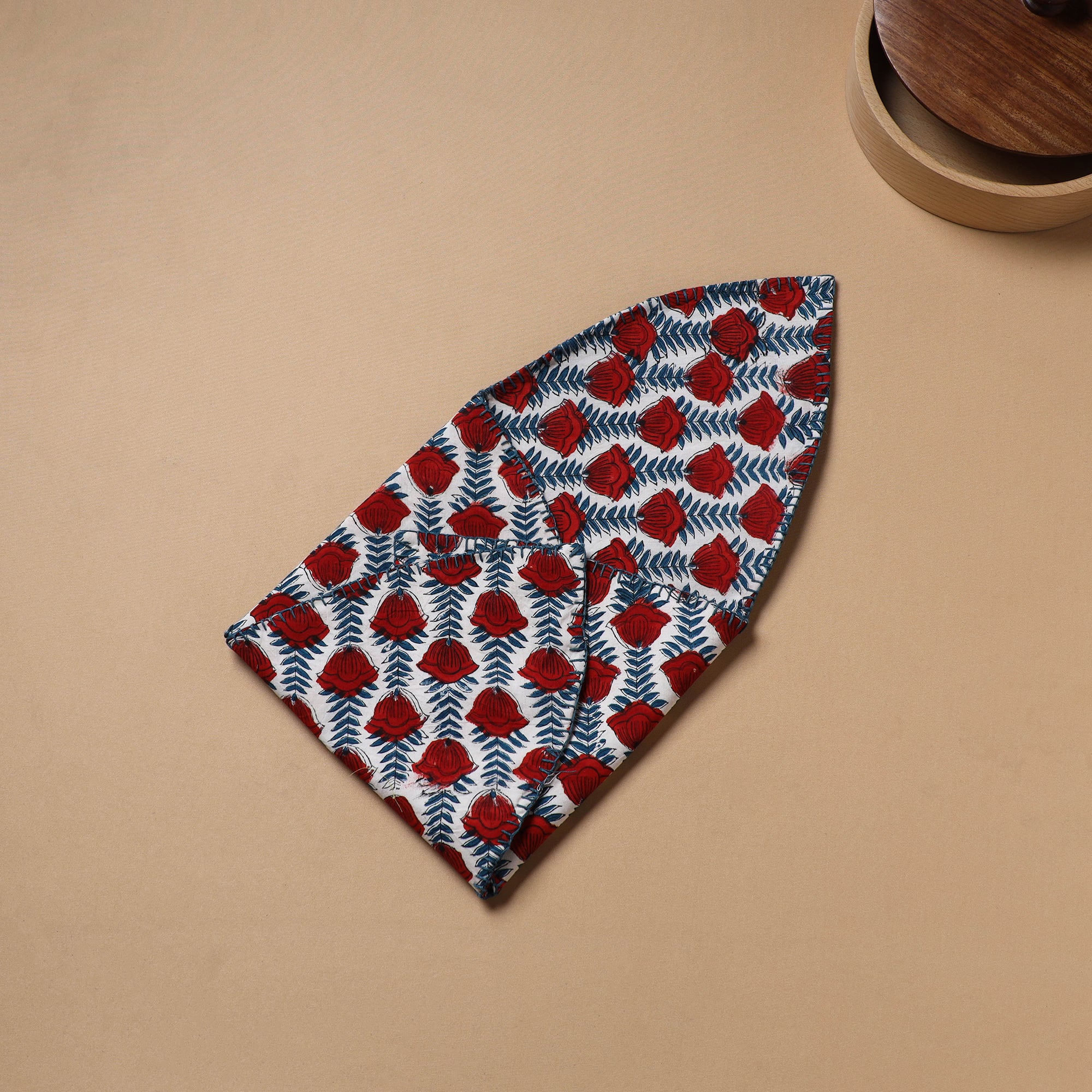 Red - Hand Embroidered Floral Block Print Cotton Roti Napkin 10 - Image 4