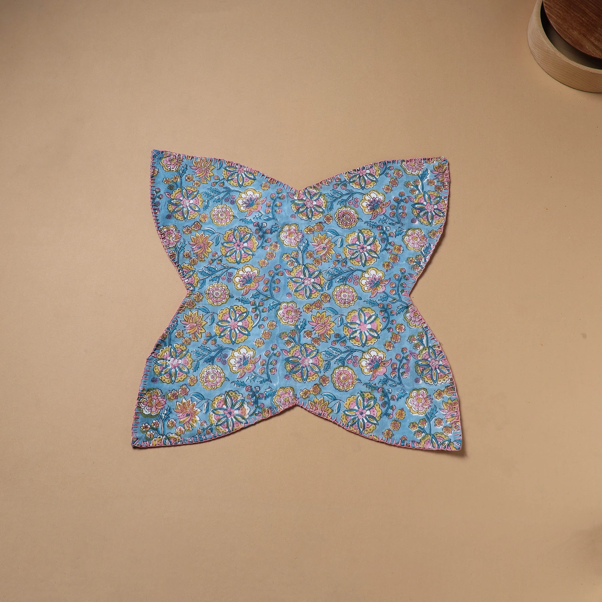 Blue - Hand Embroidered Floral Block Print Cotton Roti Napkin 11