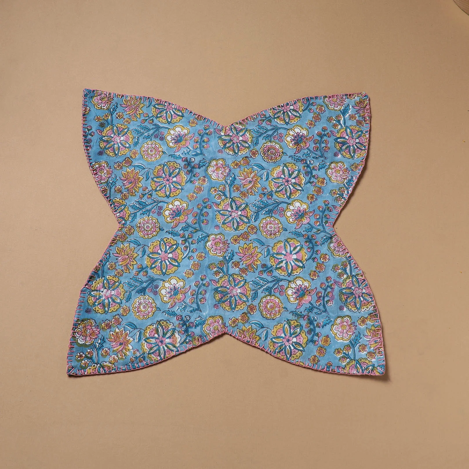 Blue - Hand Embroidered Floral Block Print Cotton Roti Napkin 11 - Image 2