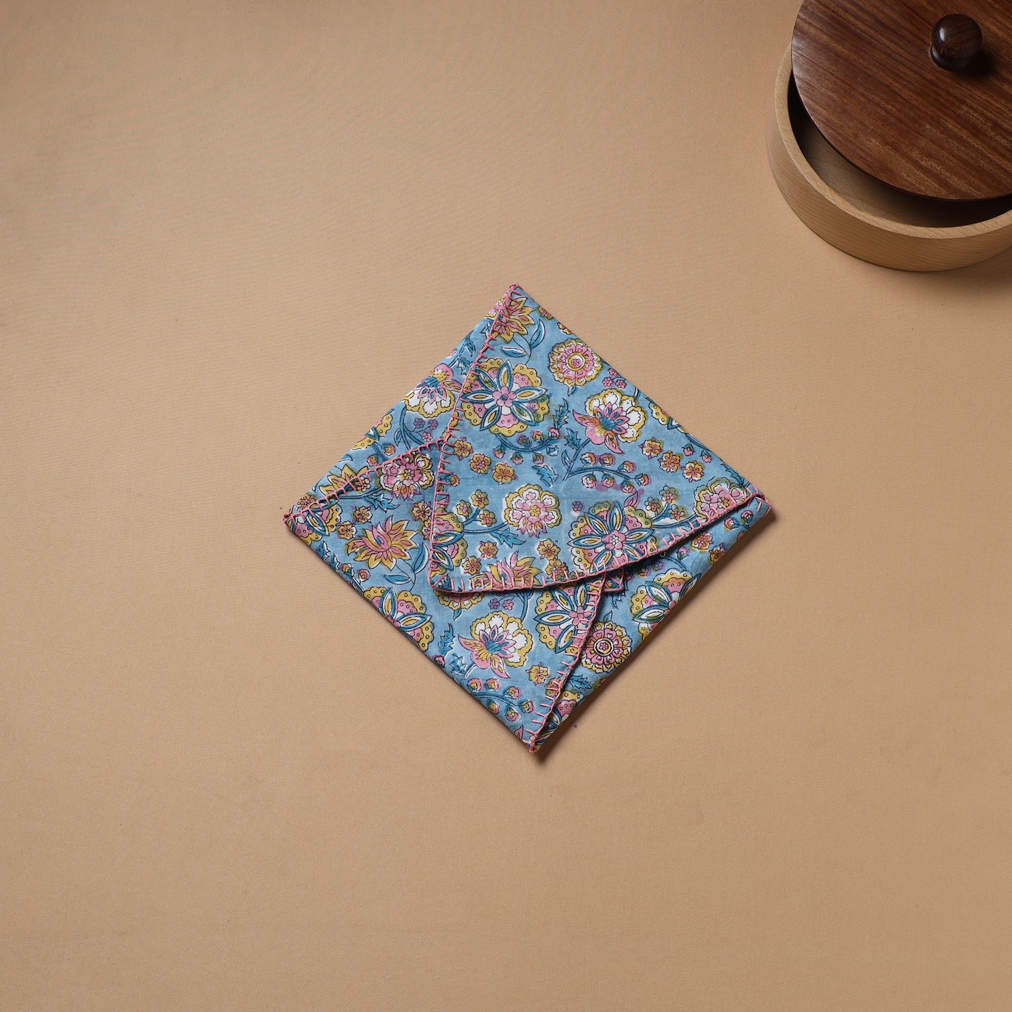 Blue - Hand Embroidered Floral Block Print Cotton Roti Napkin 11 - Image 3