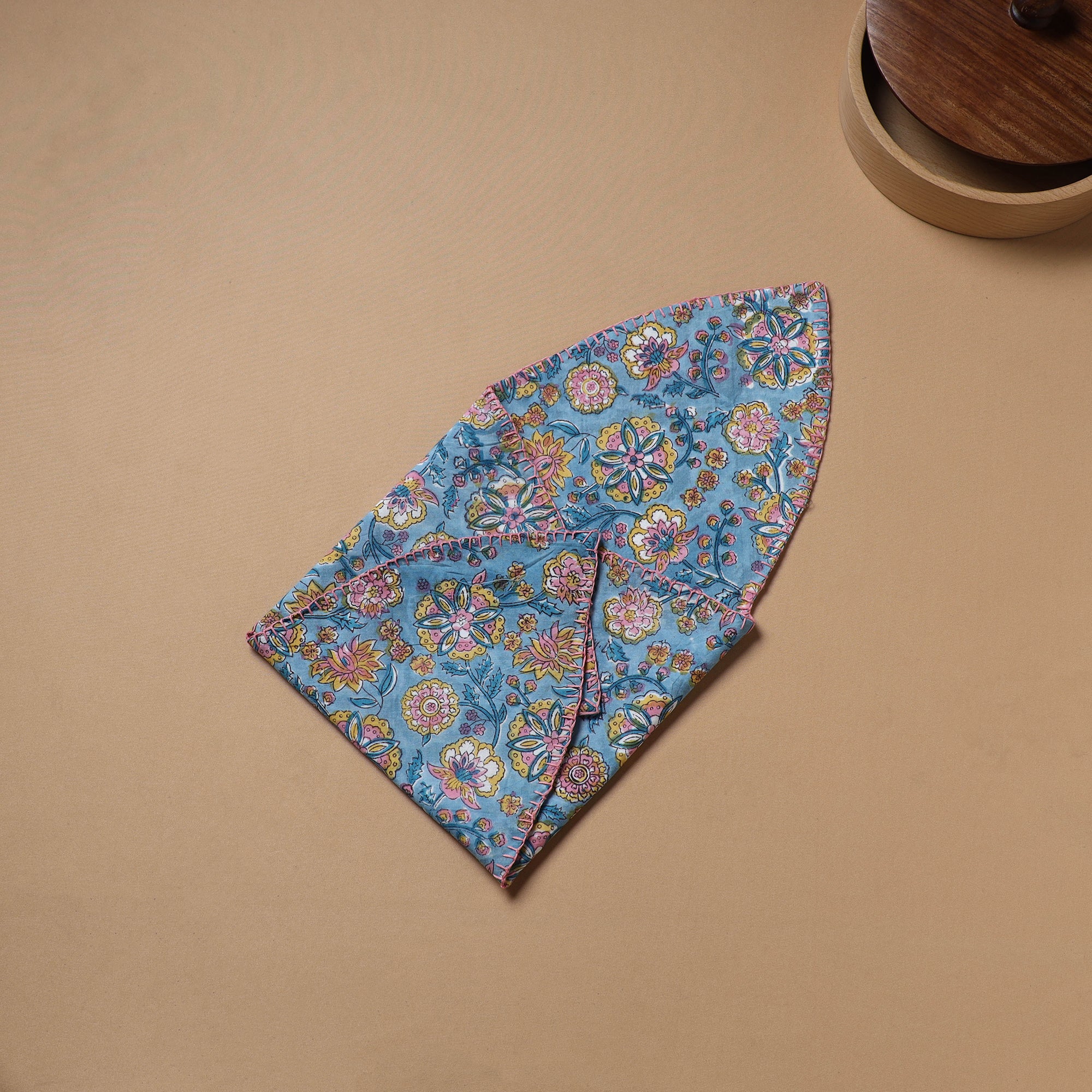 Blue - Hand Embroidered Floral Block Print Cotton Roti Napkin 11 - Image 4