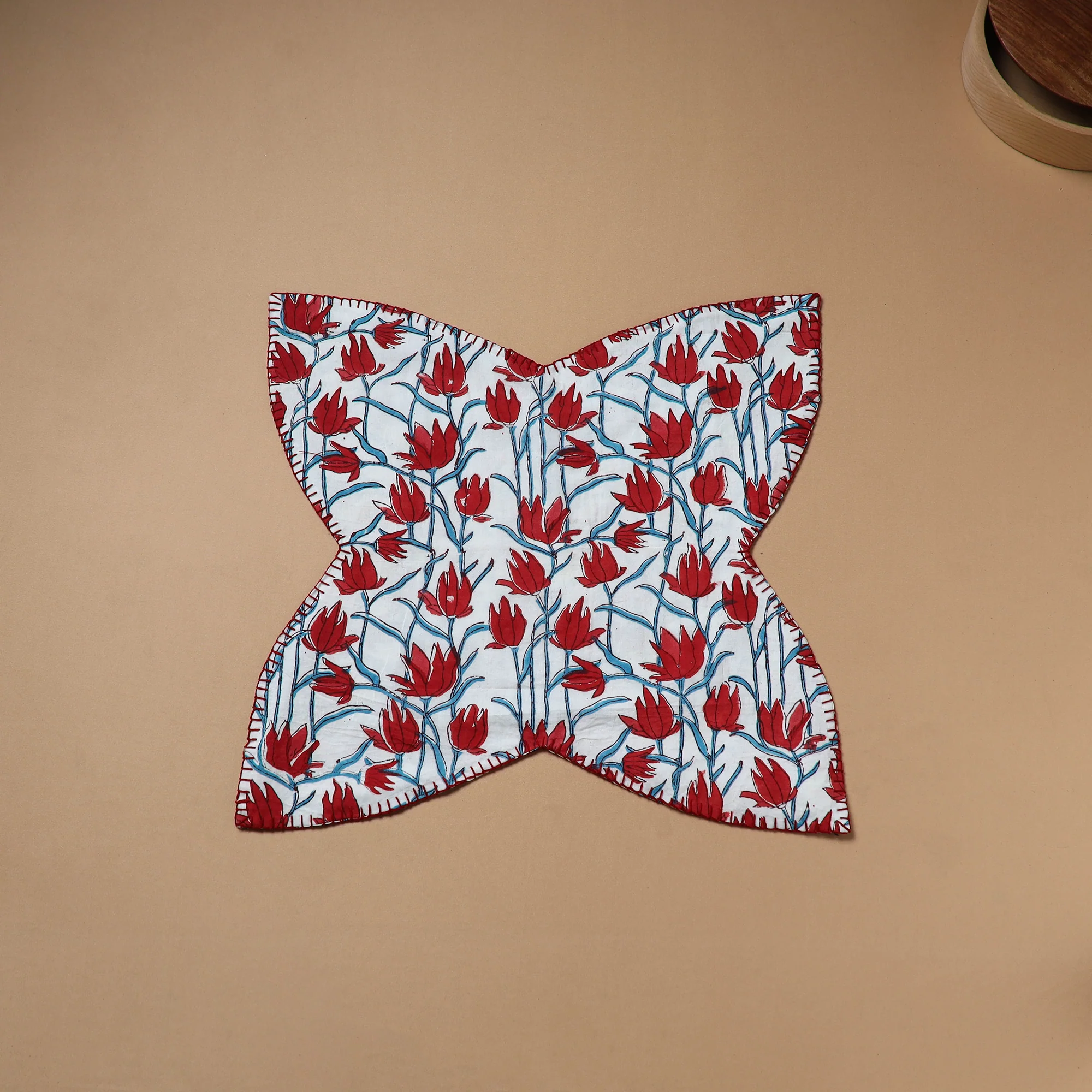 Red - Hand Embroidered Floral Block Print Cotton Roti Napkin 12