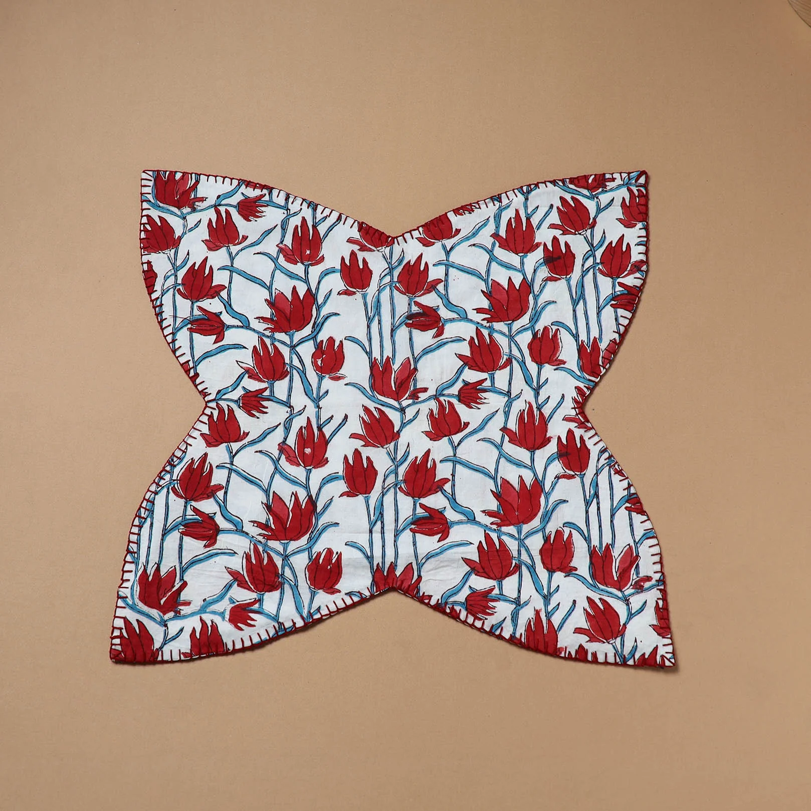 Red - Hand Embroidered Floral Block Print Cotton Roti Napkin 12 - Image 2