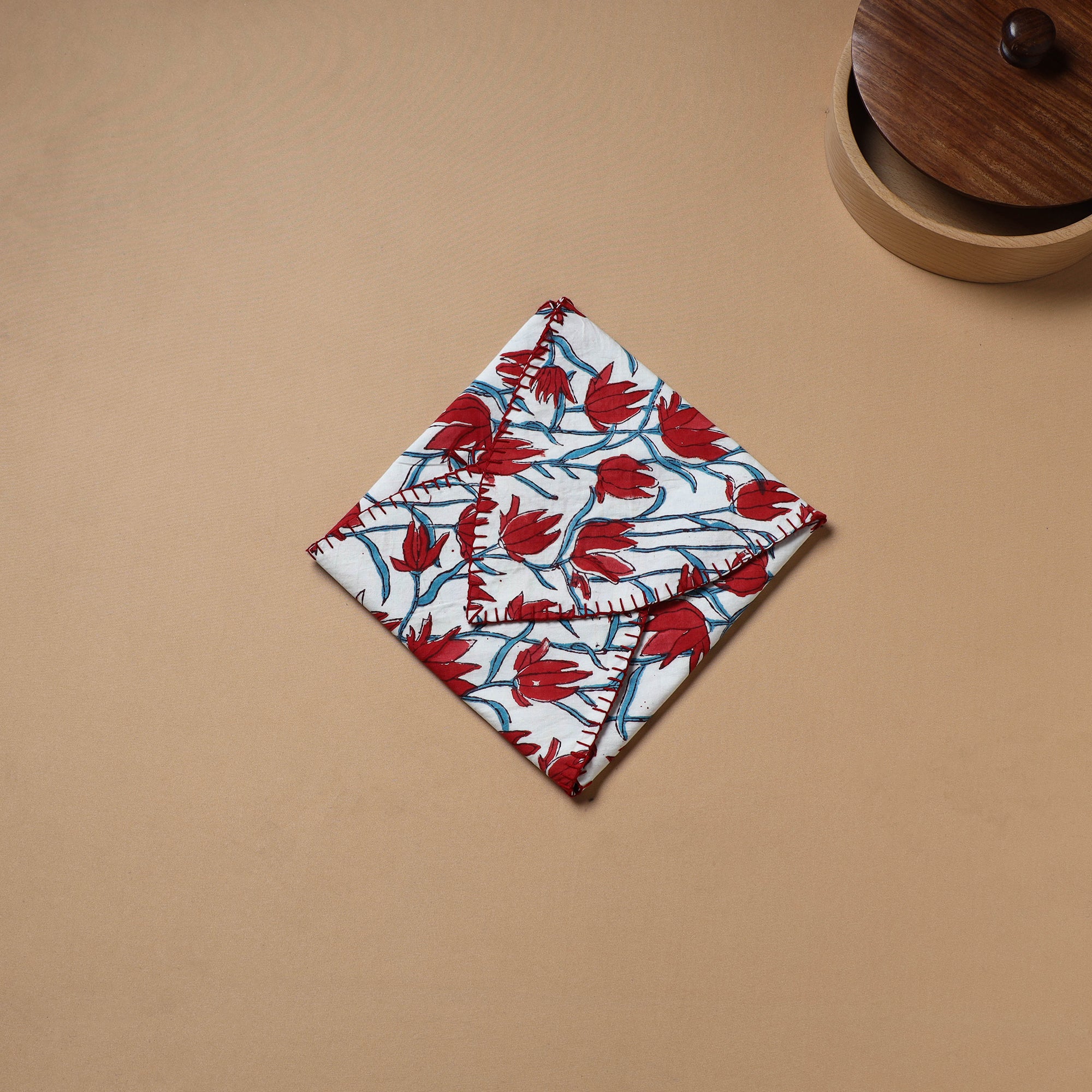 Red - Hand Embroidered Floral Block Print Cotton Roti Napkin 12 - Image 3