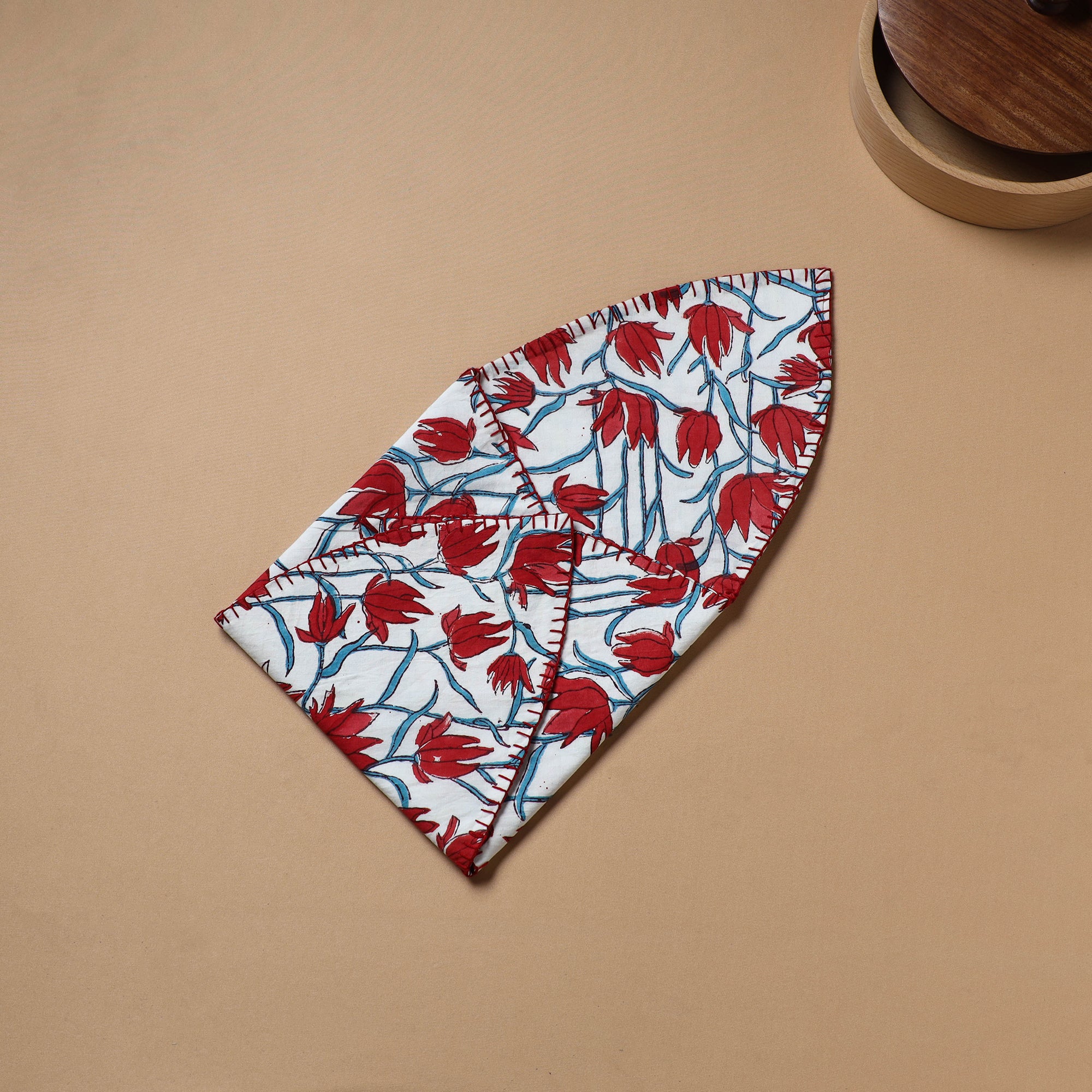 Red - Hand Embroidered Floral Block Print Cotton Roti Napkin 12 - Image 4