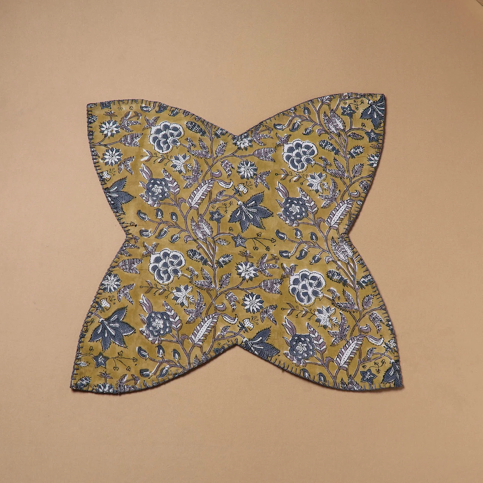 Yellow - Hand Embroidered Floral Block Print Cotton Roti Napkin 13 - Image 2