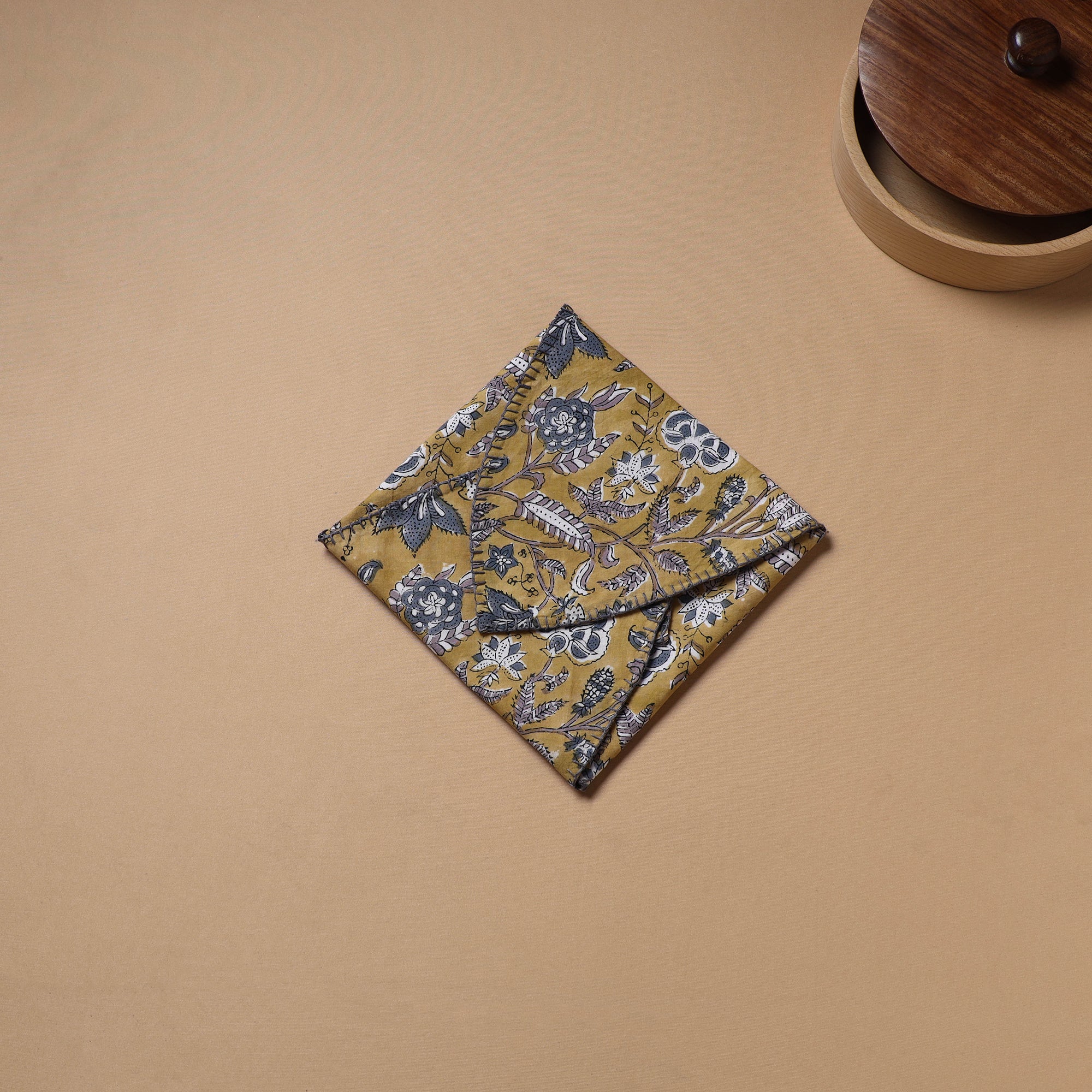 Yellow - Hand Embroidered Floral Block Print Cotton Roti Napkin 13 - Image 3