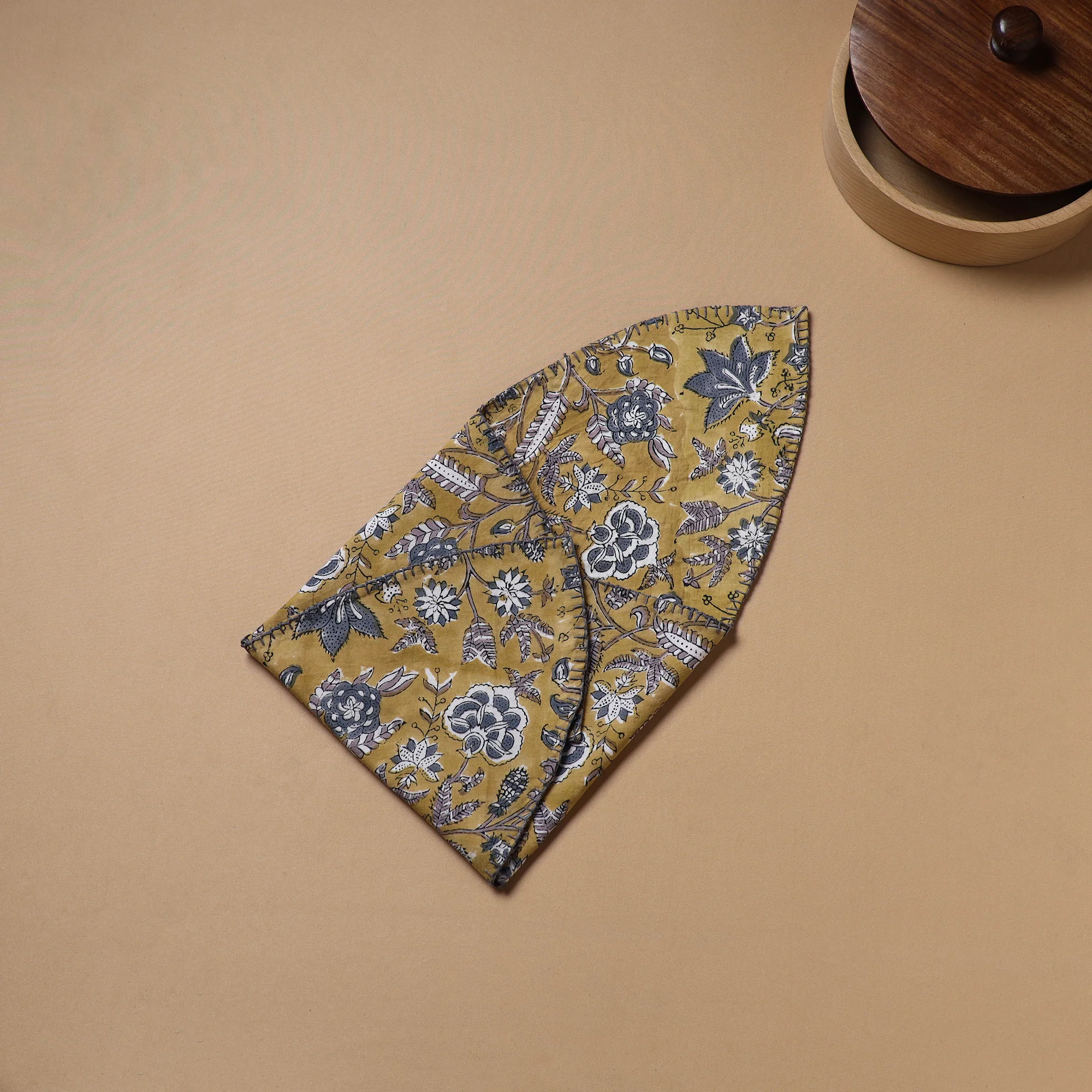 Yellow - Hand Embroidered Floral Block Print Cotton Roti Napkin 13 - Image 4