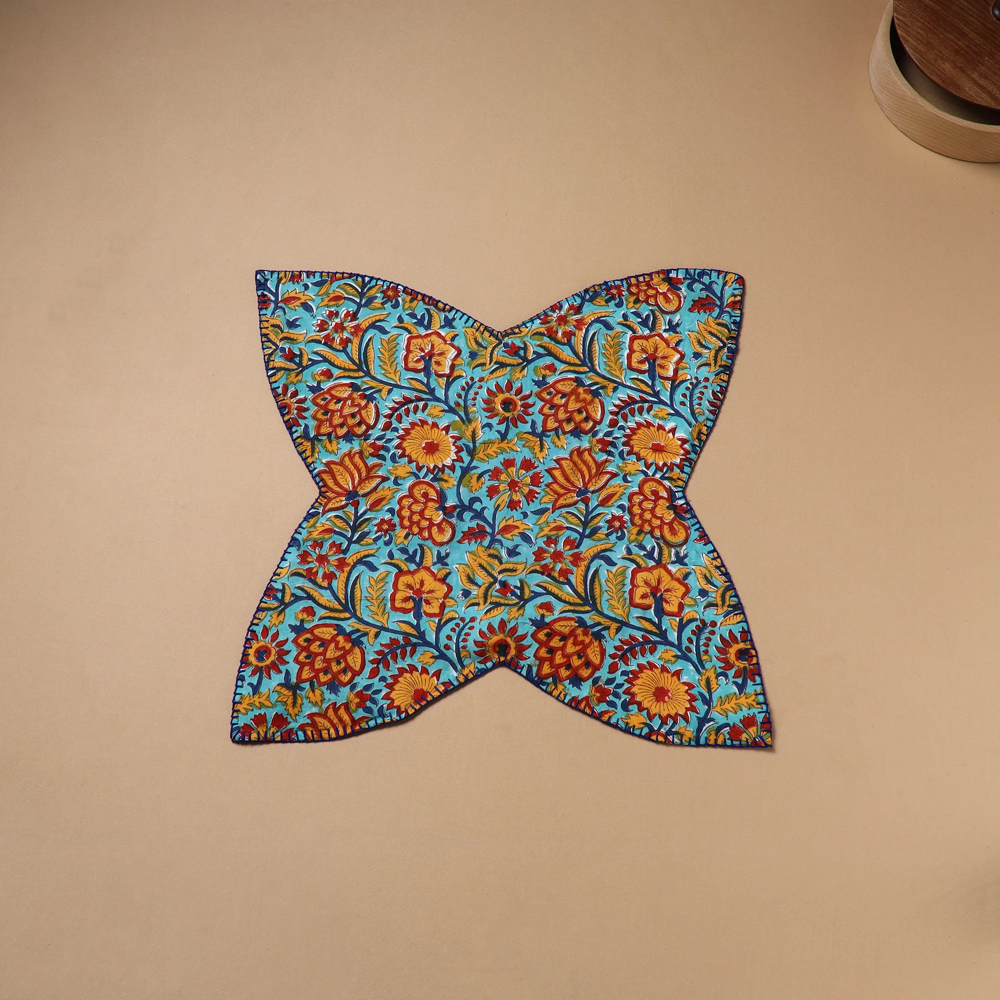 Blue - Hand Embroidered Floral Block Print Cotton Roti Napkin 14