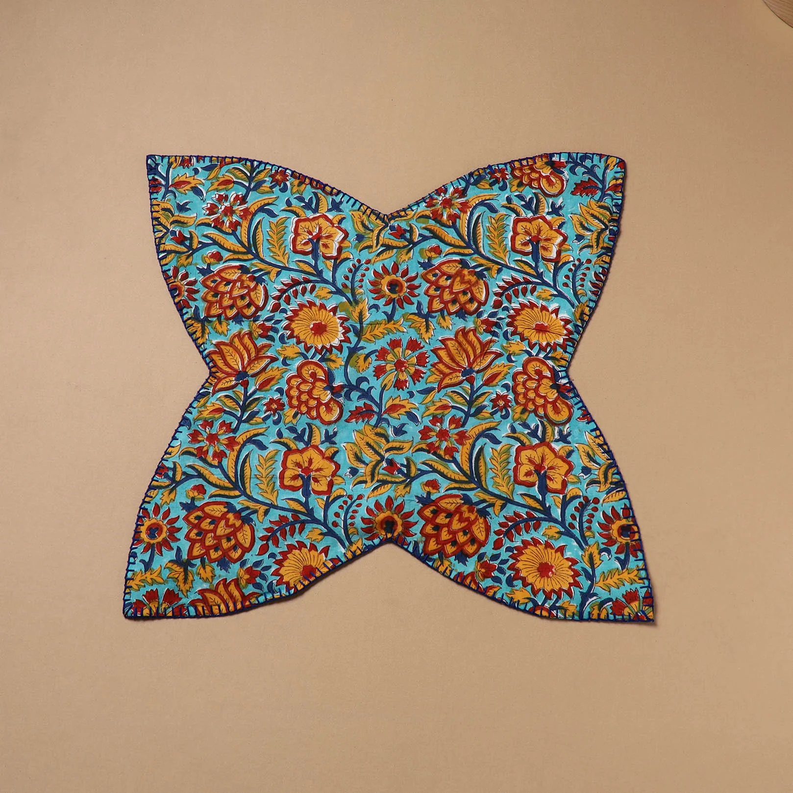 Blue - Hand Embroidered Floral Block Print Cotton Roti Napkin 14 - Image 2