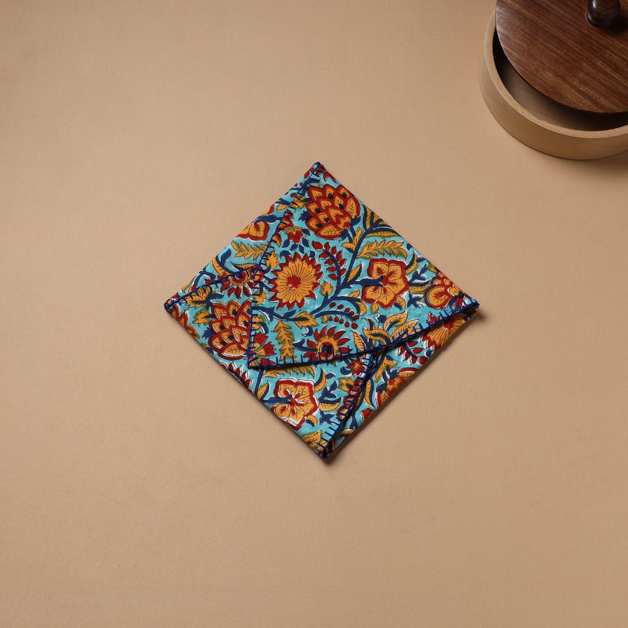 Blue - Hand Embroidered Floral Block Print Cotton Roti Napkin 14 - Image 3