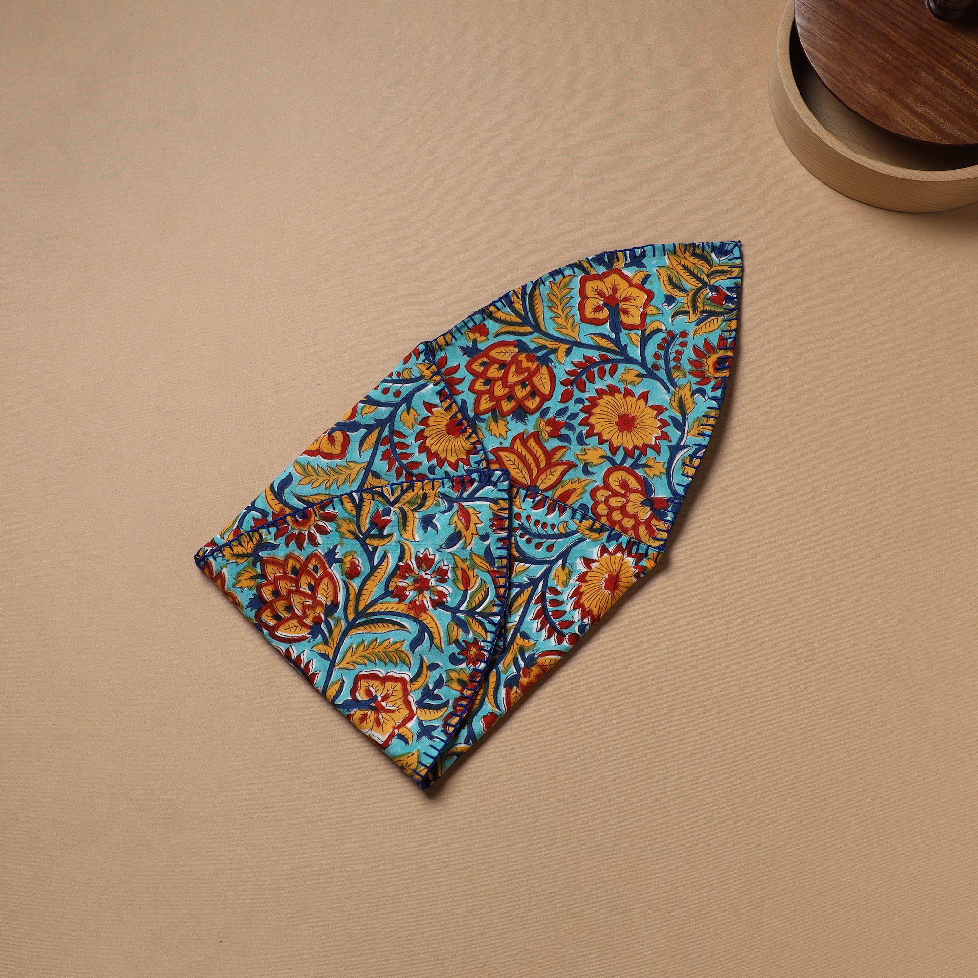 Blue - Hand Embroidered Floral Block Print Cotton Roti Napkin 14 - Image 4