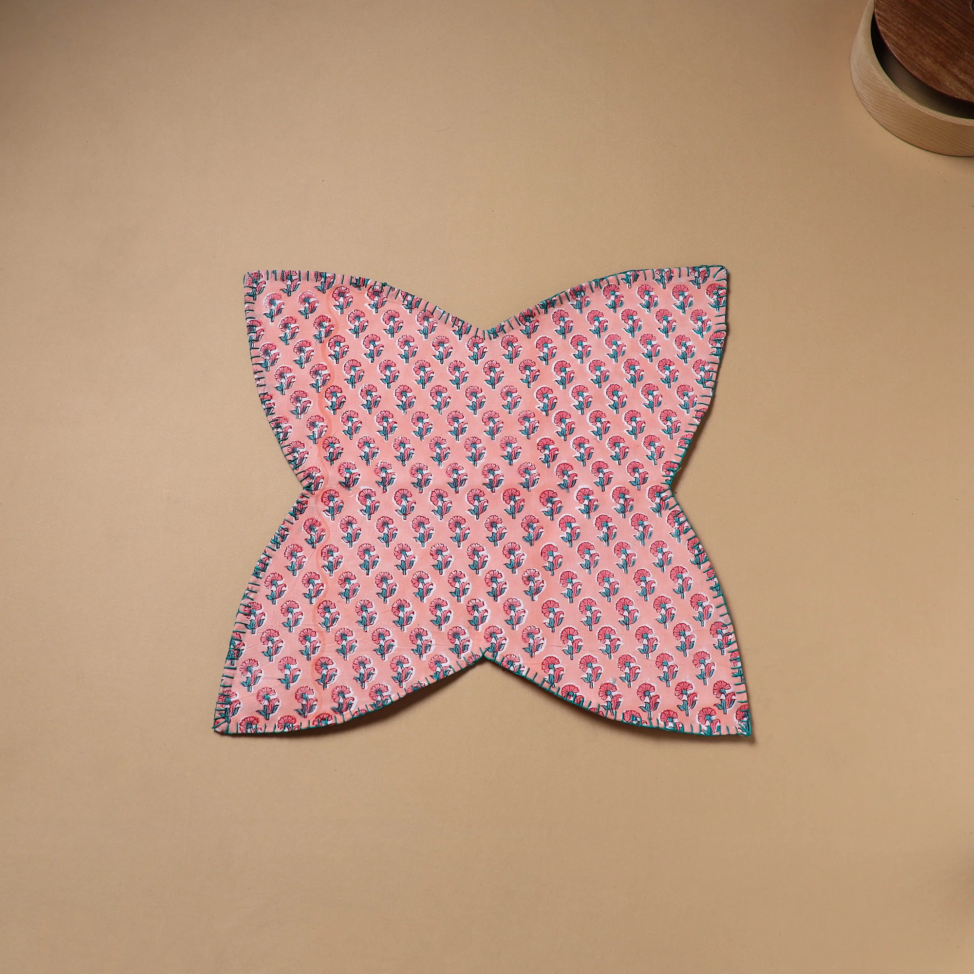Pink - Hand Embroidered Floral Block Print Cotton Roti Napkin 15