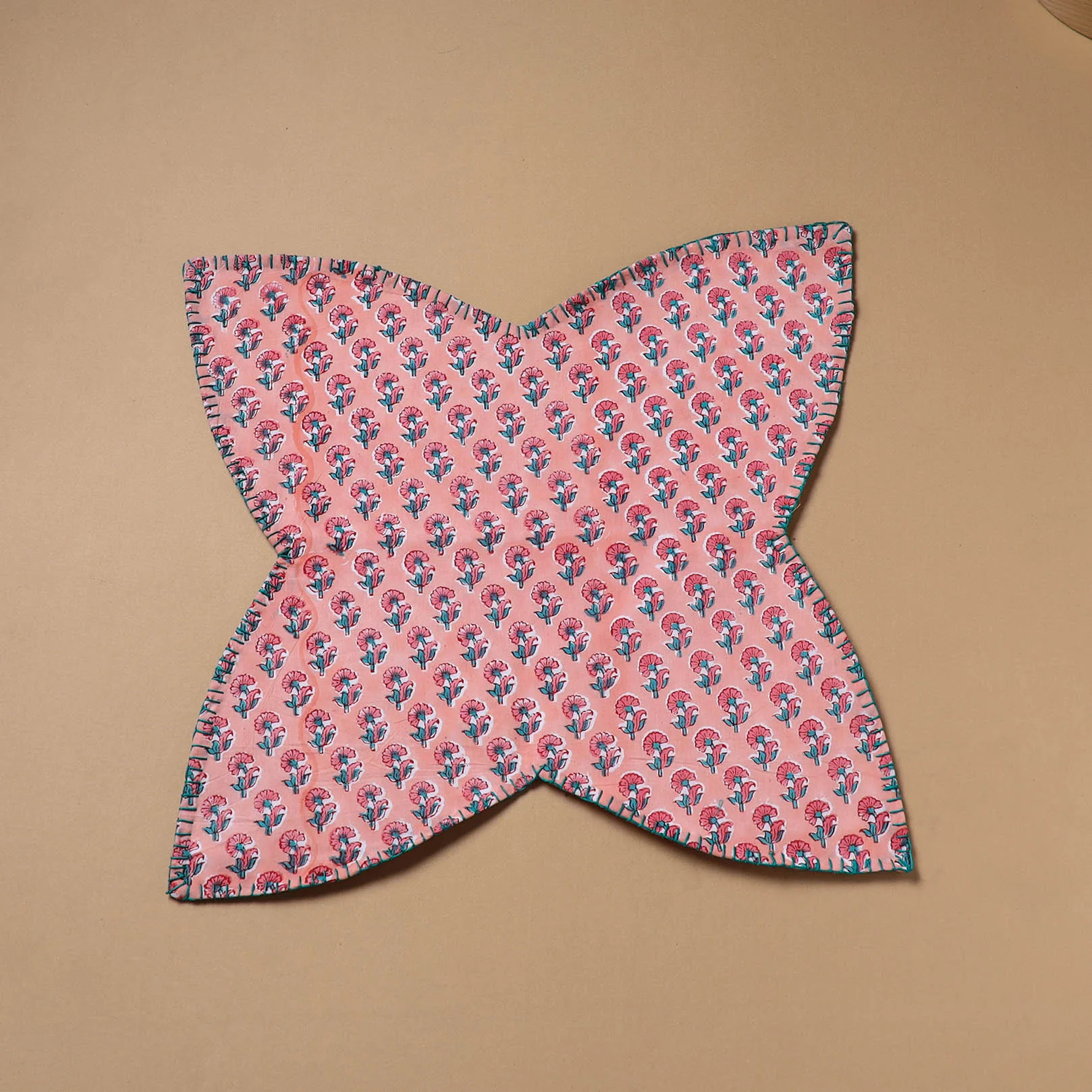 Pink - Hand Embroidered Floral Block Print Cotton Roti Napkin 15 - Image 2